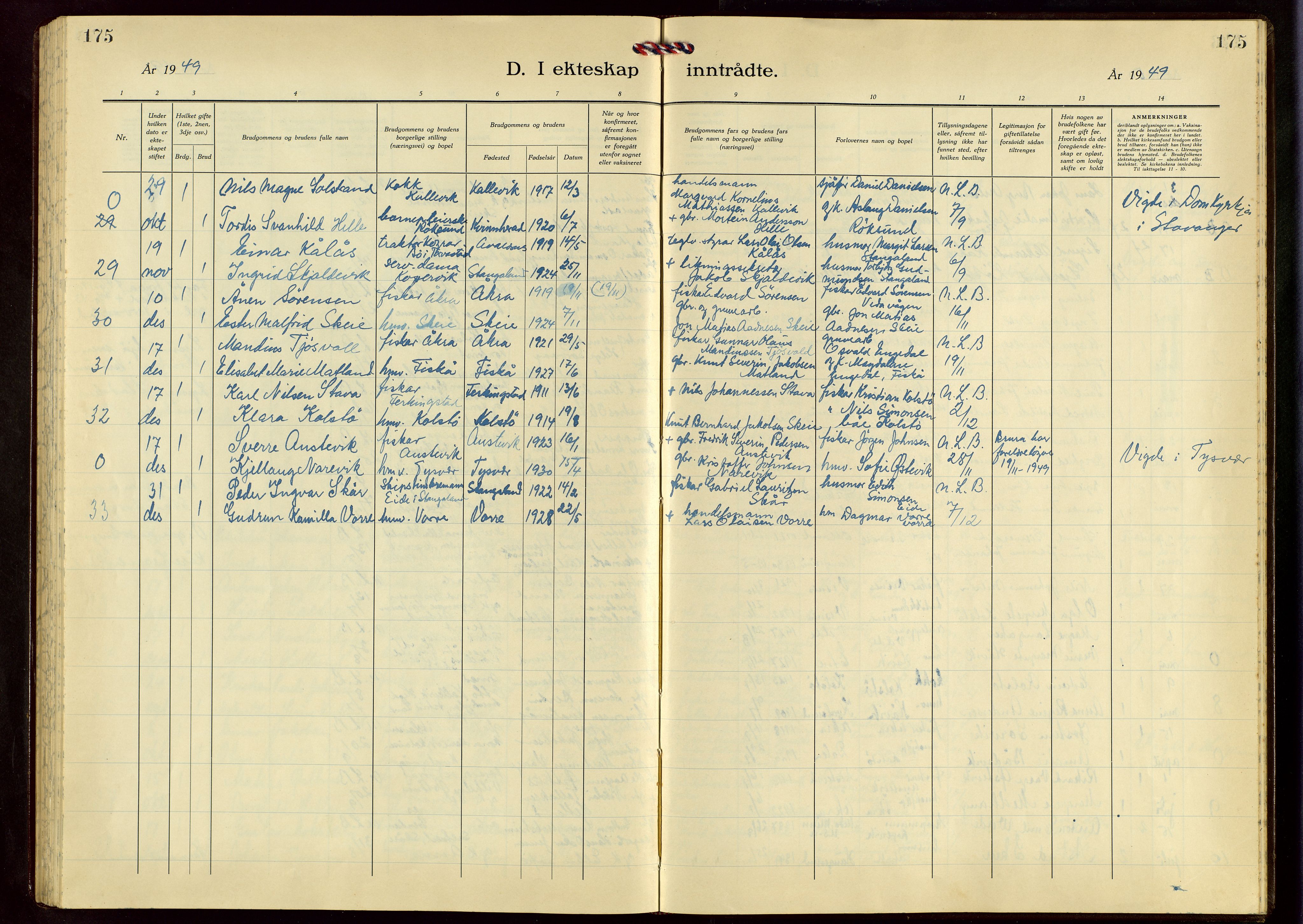 Avaldsnes sokneprestkontor, AV/SAST-A -101851/H/Ha/Hab/L0009: Klokkerbok nr. B 9, 1940-1958, s. 175