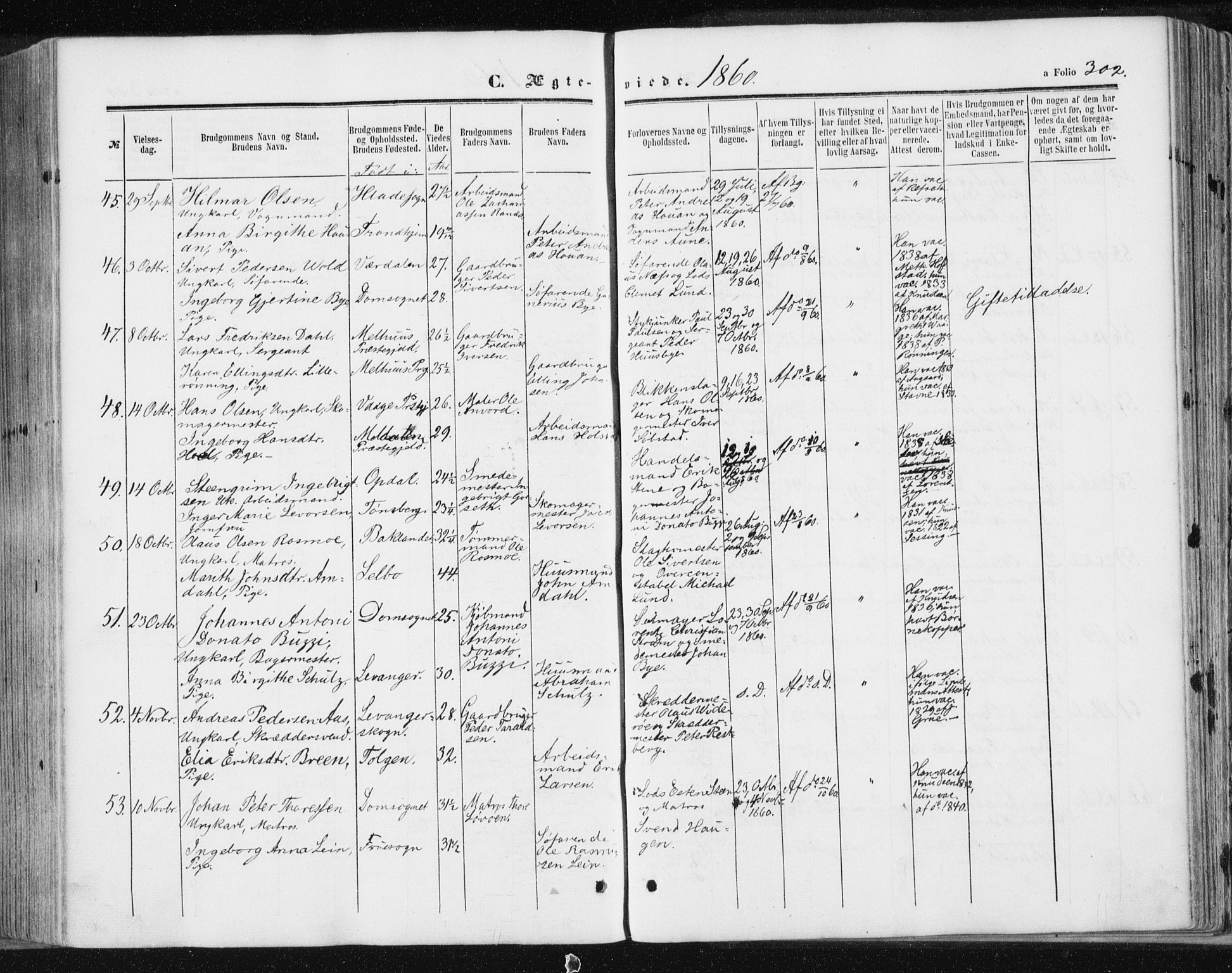 Ministerialprotokoller, klokkerbøker og fødselsregistre - Sør-Trøndelag, SAT/A-1456/602/L0115: Ministerialbok nr. 602A13, 1860-1872, s. 302