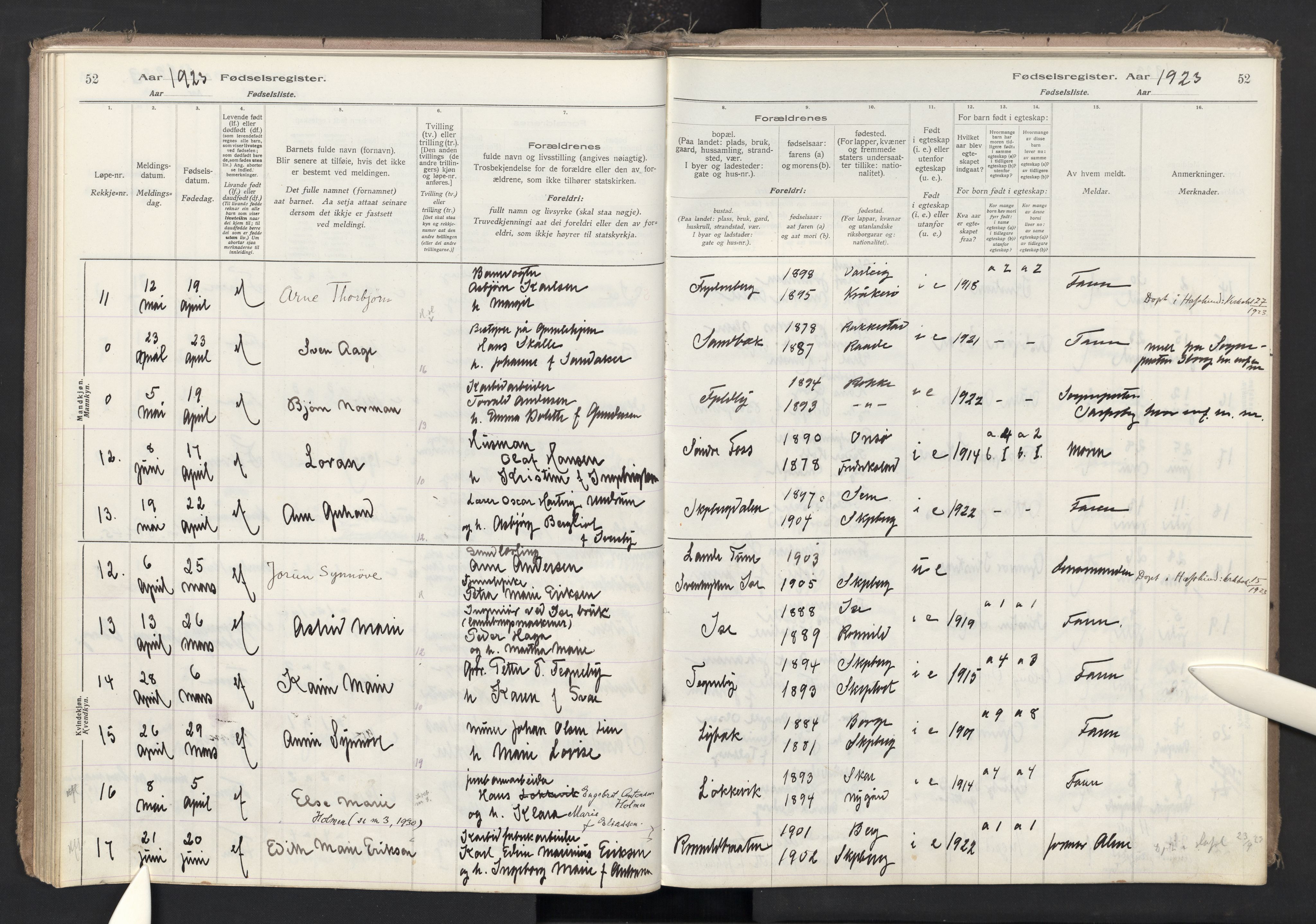 Skjeberg prestekontor Kirkebøker, AV/SAO-A-10923/J/Ja/L0001: Fødselsregister nr. I 1, 1916-1945, s. 52