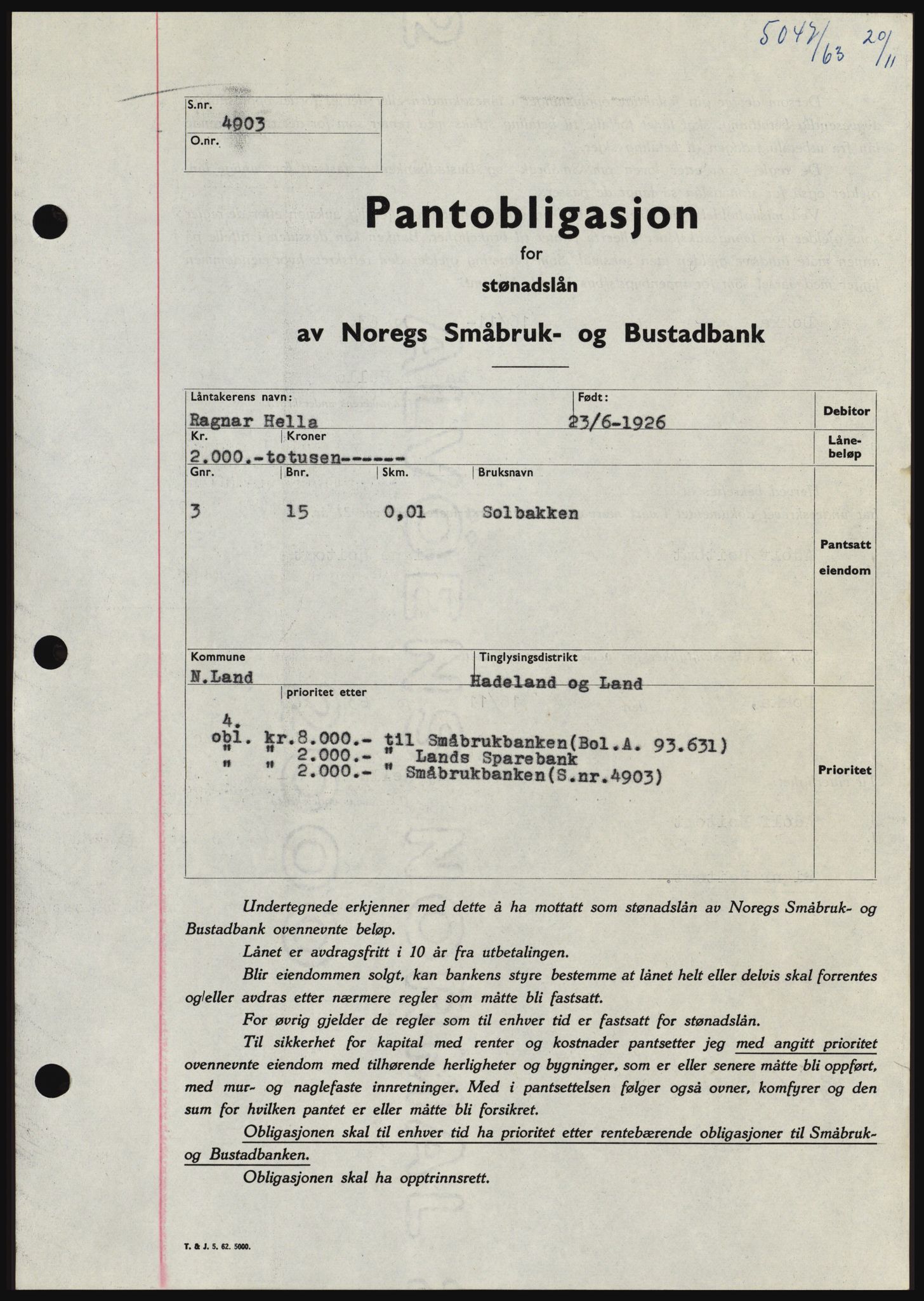 Hadeland og Land tingrett, SAH/TING-010/H/Hb/Hbc/L0053: Pantebok nr. B53, 1963-1964, Dagboknr: 5047/1963