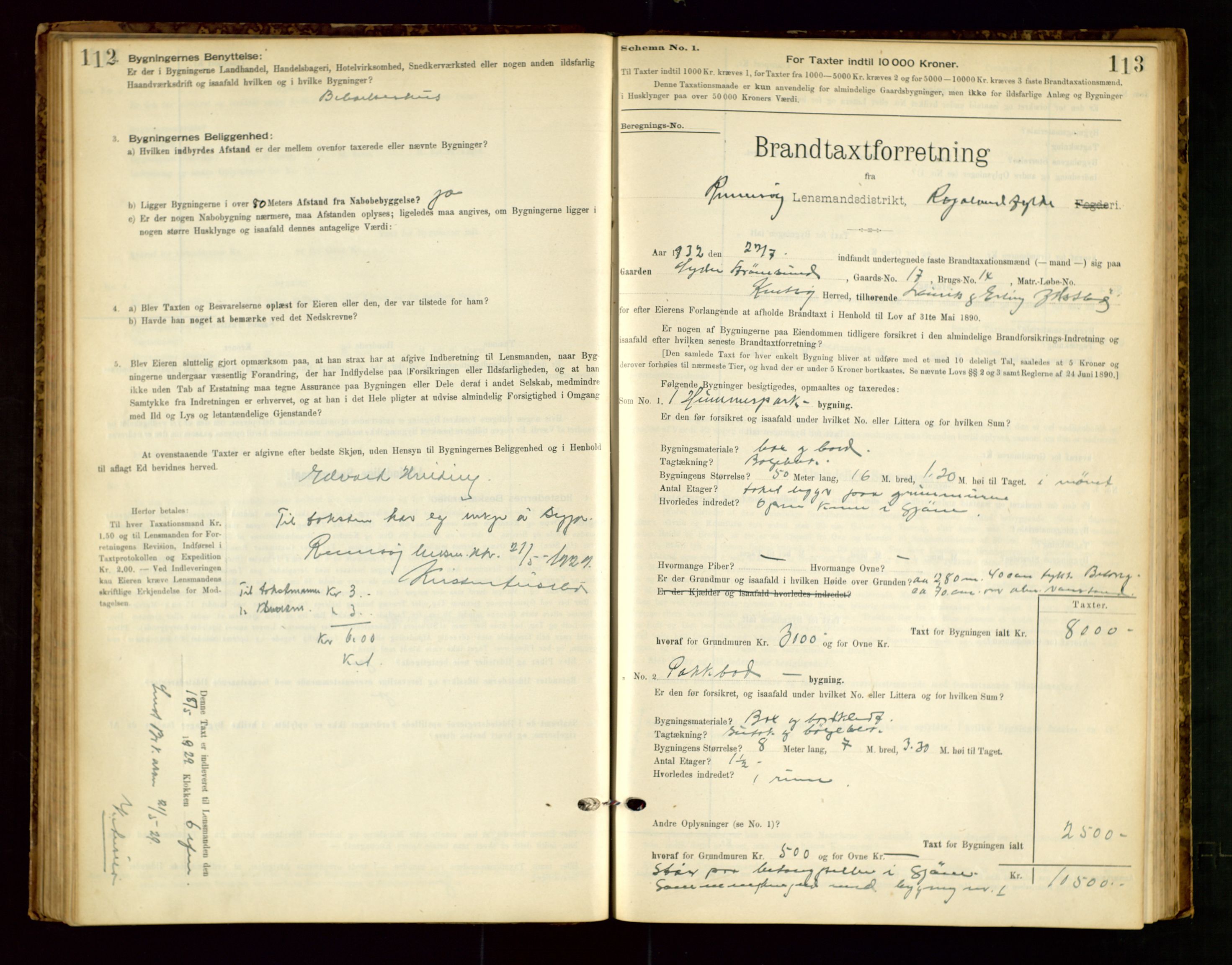 Rennesøy lensmannskontor, SAST/A-100165/Gob/L0001: Branntakstprotokoll - skjematakst, 1900-1956, s. 112-113