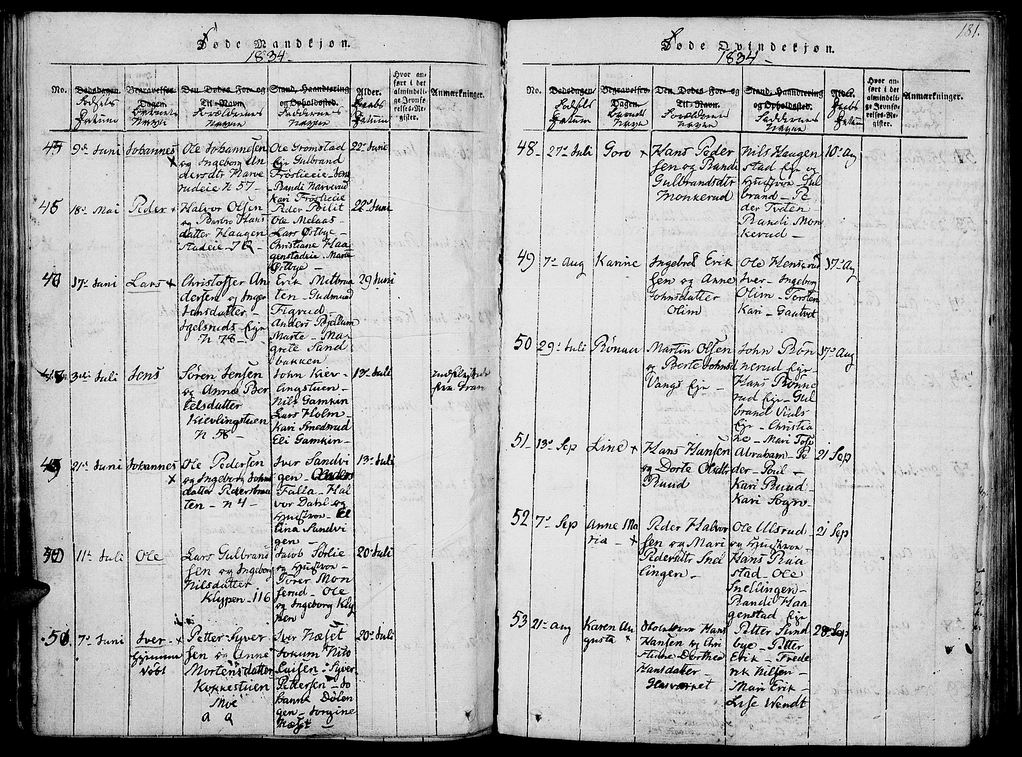 Jevnaker prestekontor, AV/SAH-PREST-116/H/Ha/Haa/L0005: Ministerialbok nr. 5, 1815-1837, s. 181