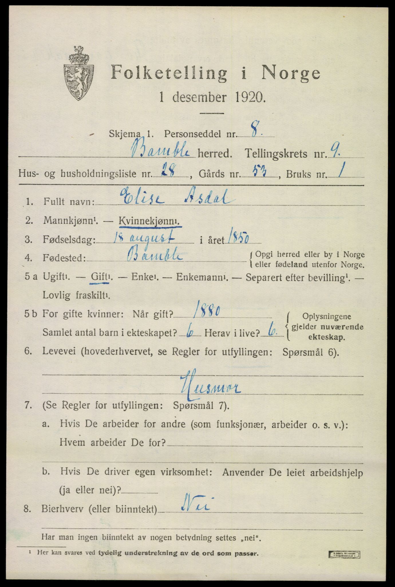 SAKO, Folketelling 1920 for 0814 Bamble herred, 1920, s. 8081