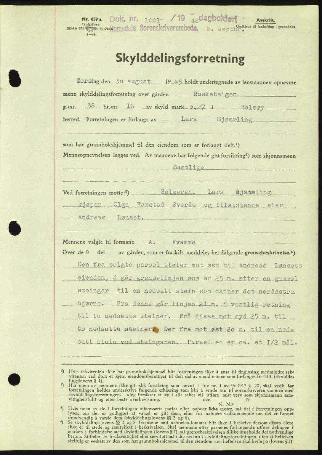 Romsdal sorenskriveri, SAT/A-4149/1/2/2C: Pantebok nr. A18, 1945-1945, Dagboknr: 1001/1945