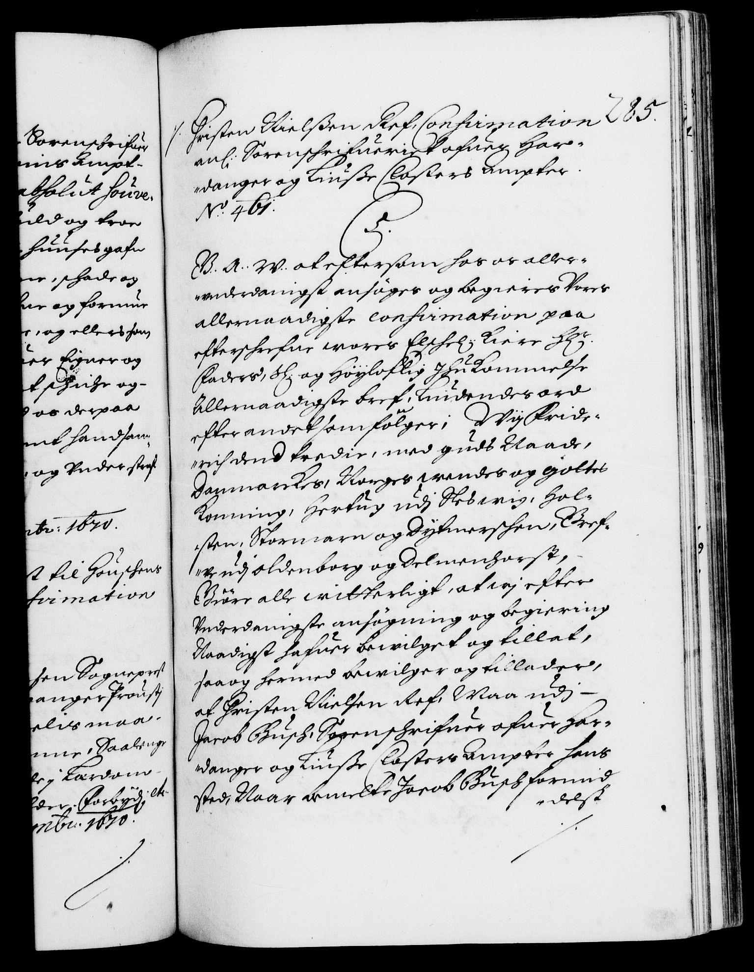 Danske Kanselli 1572-1799, RA/EA-3023/F/Fc/Fca/Fcaa/L0011: Norske registre (mikrofilm), 1670-1673, s. 285a