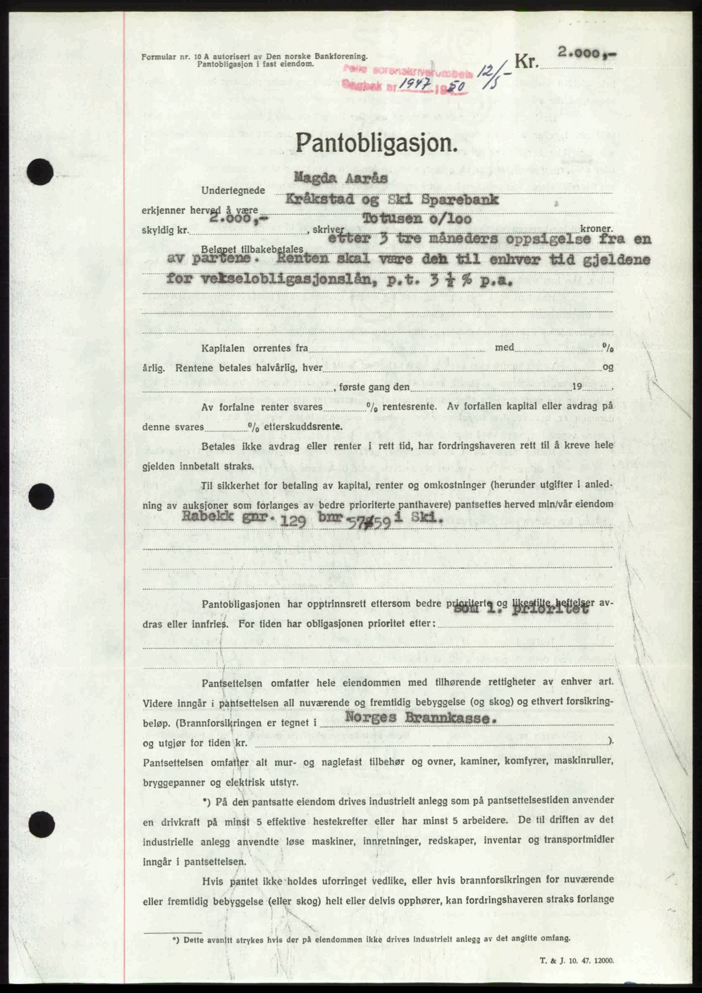 Follo sorenskriveri, SAO/A-10274/G/Ga/Gaa/L0092: Pantebok nr. I 92, 1950-1950, Dagboknr: 1947/1950