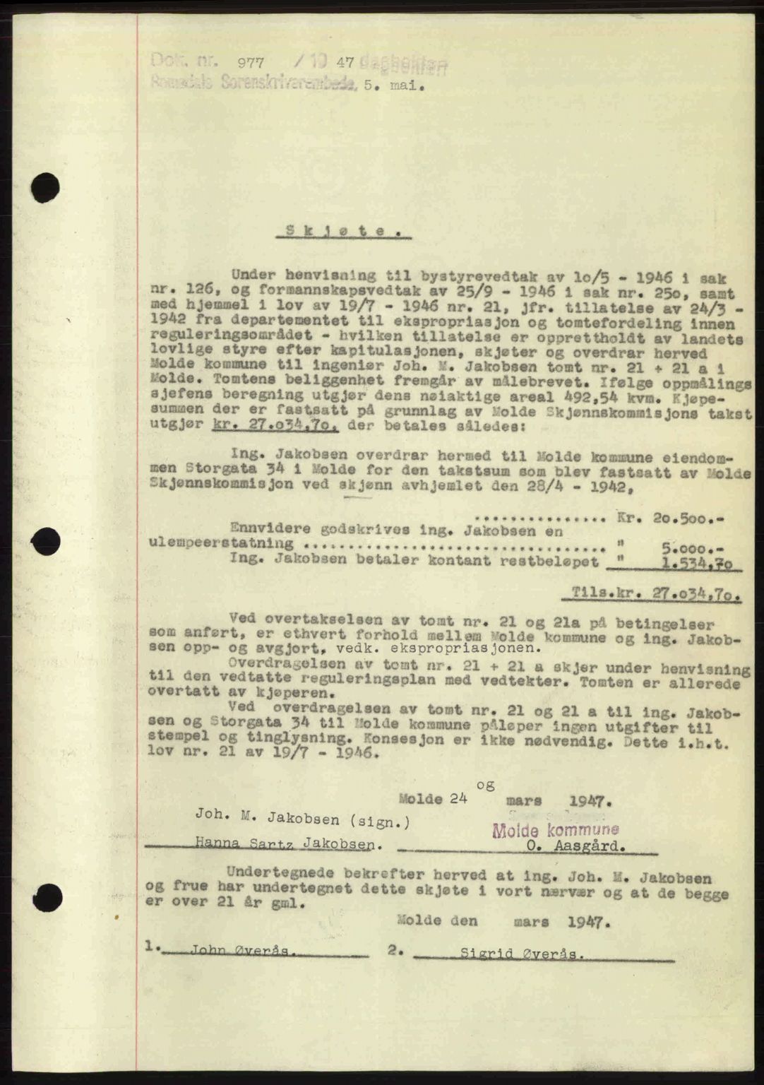 Romsdal sorenskriveri, SAT/A-4149/1/2/2C: Pantebok nr. A22, 1947-1947, Dagboknr: 977/1947