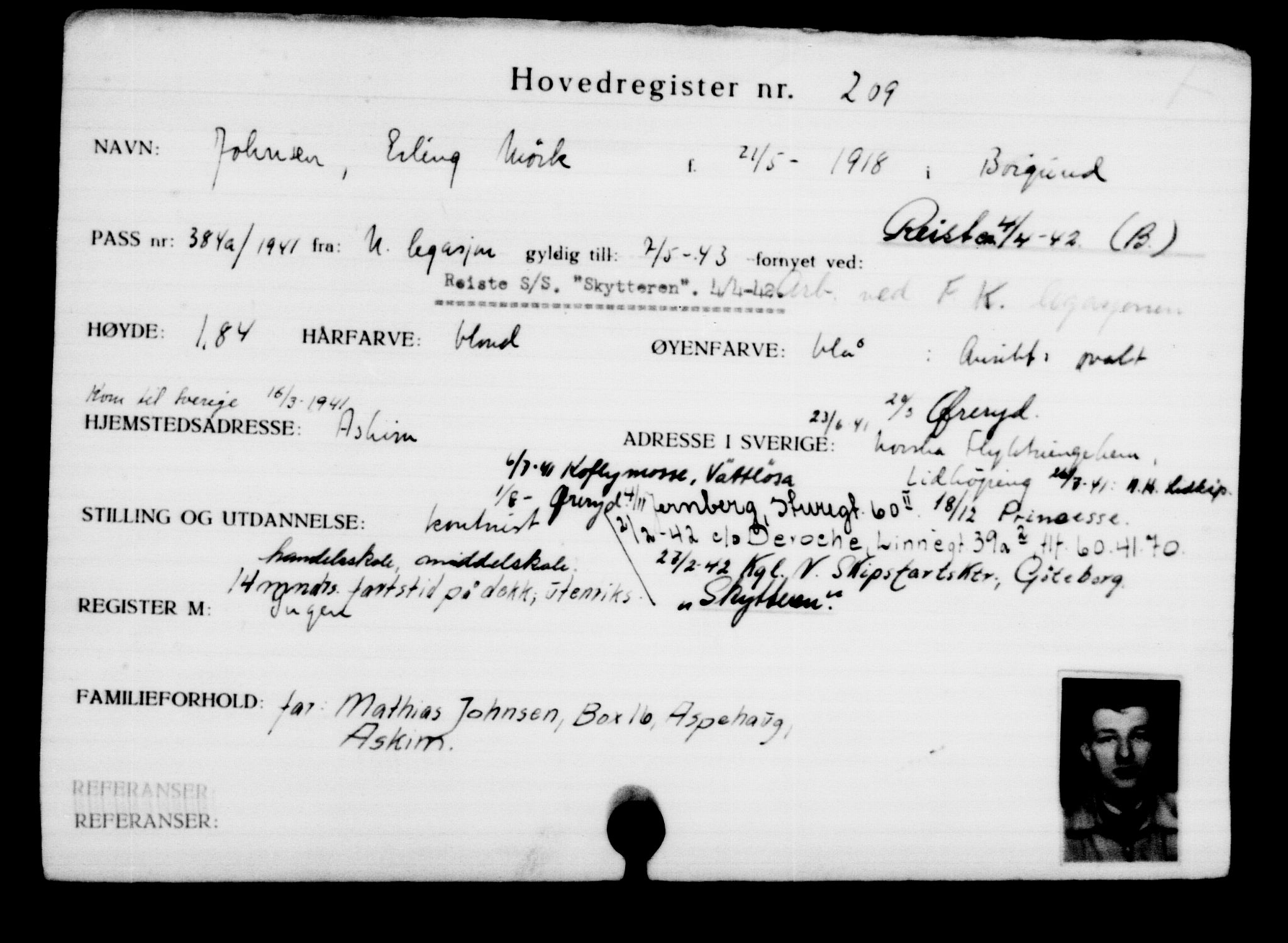 Utenriksstasjonene, Legasjonen i Stockholm, Flyktningkontoret, AV/RA-S-6753/V/Va/L0001: Kjesäterkartoteket, flyktning nr. 1-1000, 1940-1945, s. 339