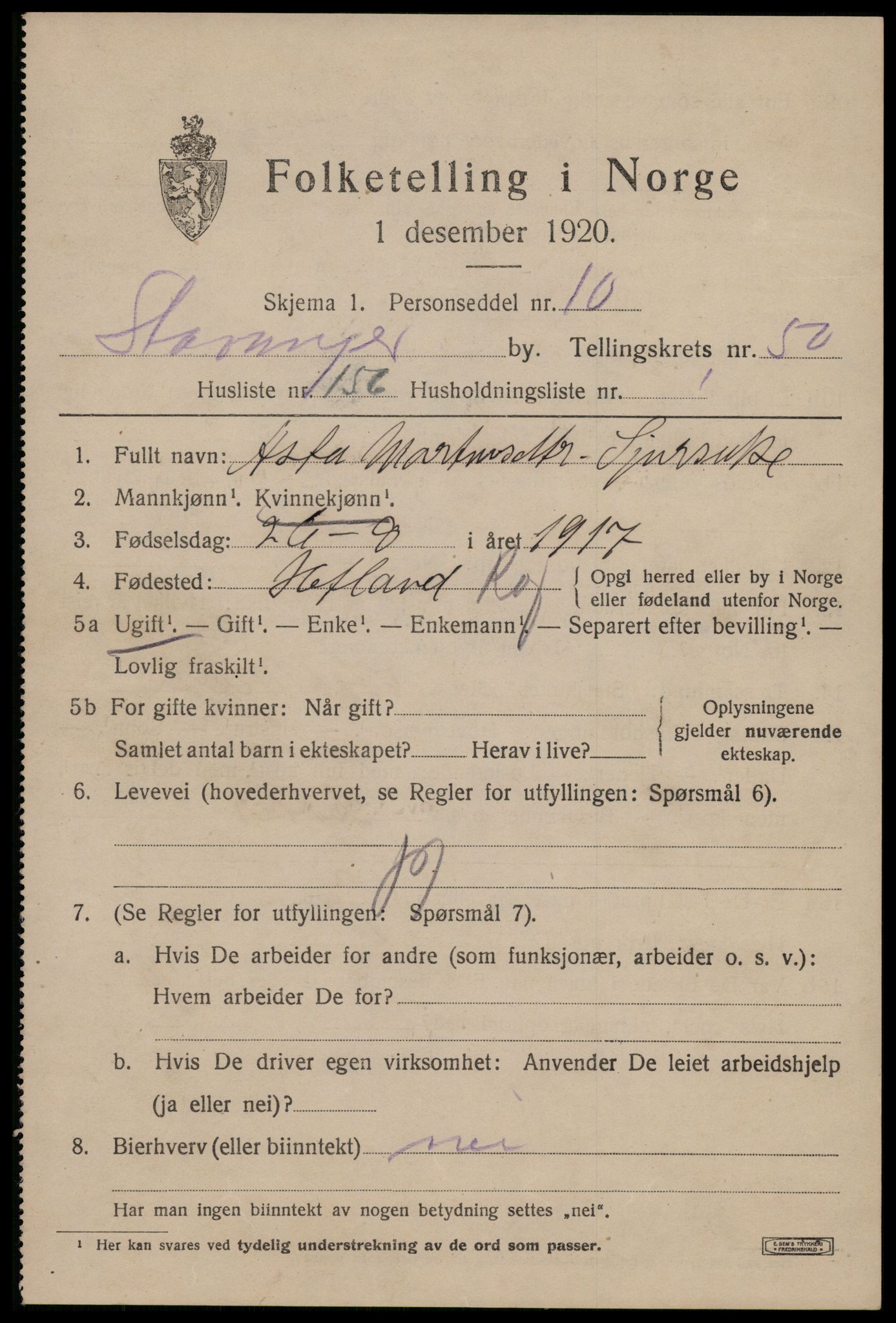 SAST, Folketelling 1920 for 1103 Stavanger kjøpstad, 1920, s. 121656