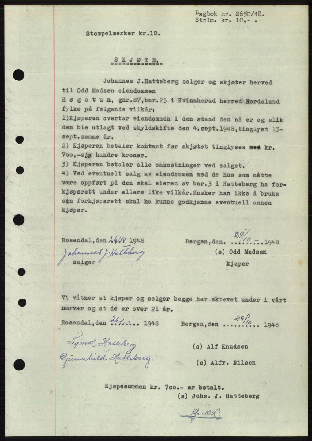 Sunnhordland sorenskrivar, AV/SAB-A-2401: Pantebok nr. A88, 1948-1949, Dagboknr: 2650/1948