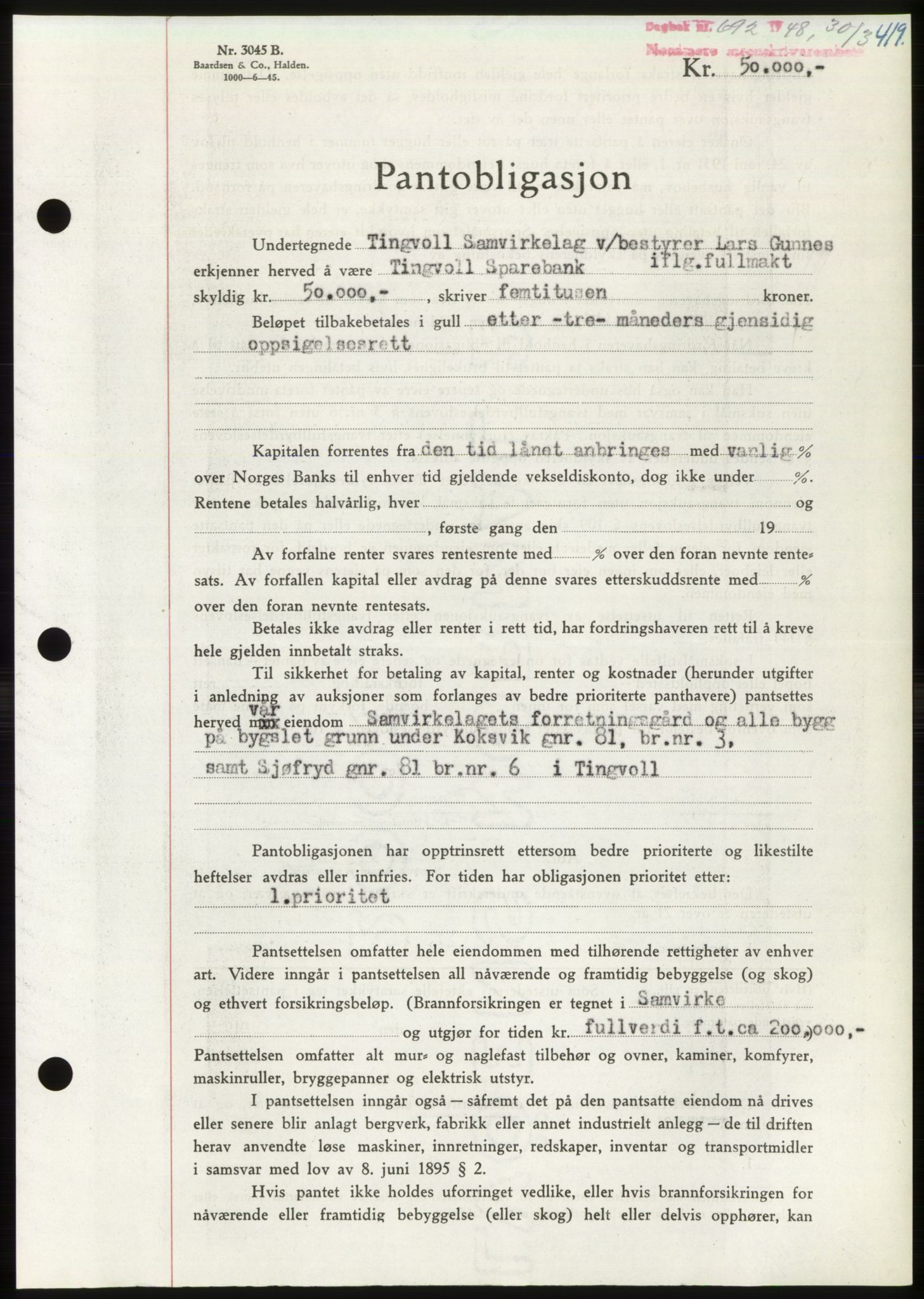 Nordmøre sorenskriveri, SAT/A-4132/1/2/2Ca: Pantebok nr. B98, 1948-1948, Dagboknr: 692/1948