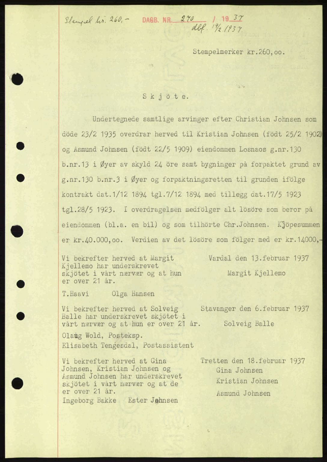 Sør-Gudbrandsdal tingrett, SAH/TING-004/H/Hb/Hbd/L0002: Pantebok nr. A2, 1936-1937, Dagboknr: 270/1937