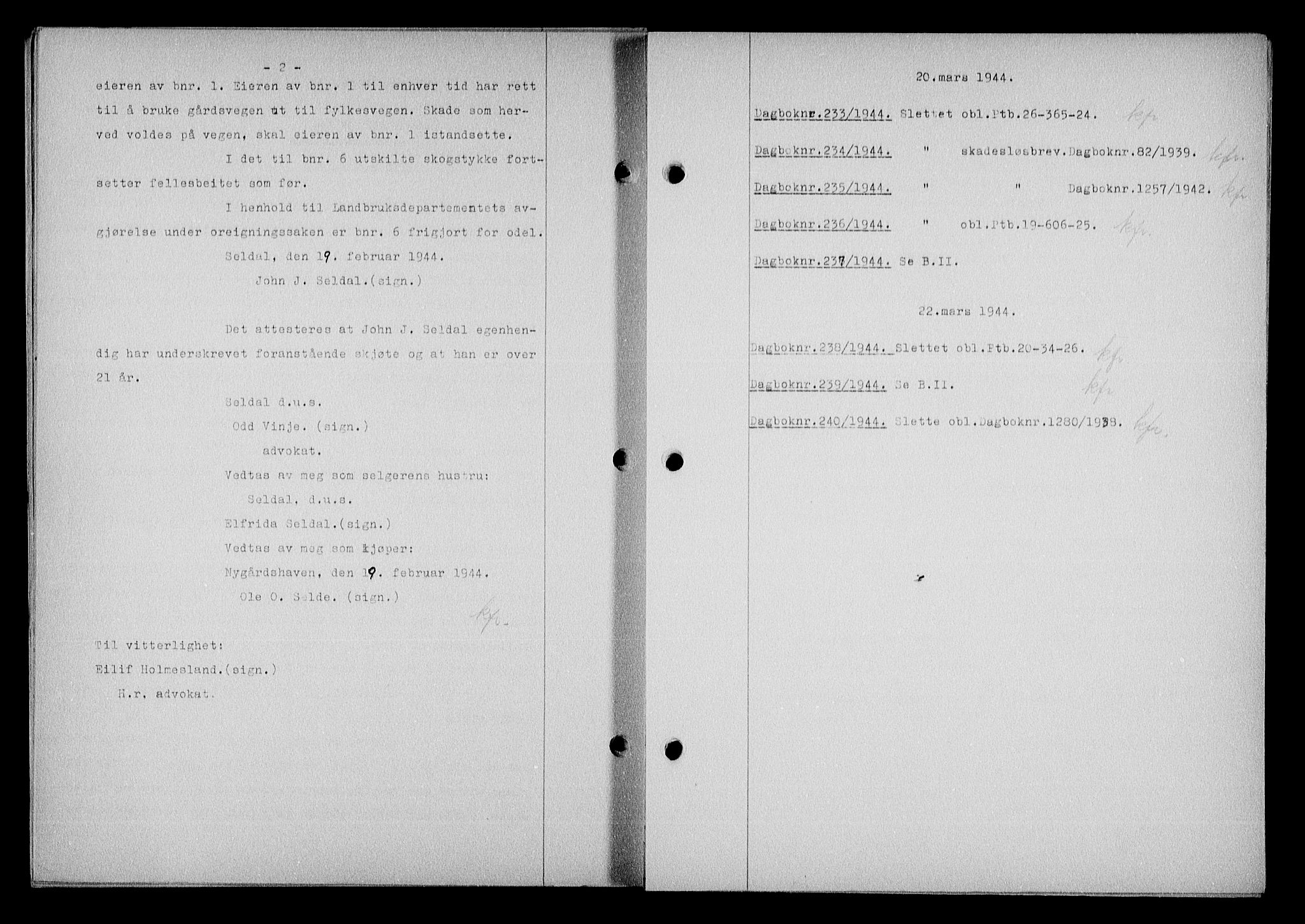 Nedenes sorenskriveri, SAK/1221-0006/G/Gb/Gba/L0051: Pantebok nr. A-V, 1943-1944, Dagboknr: 233/1944