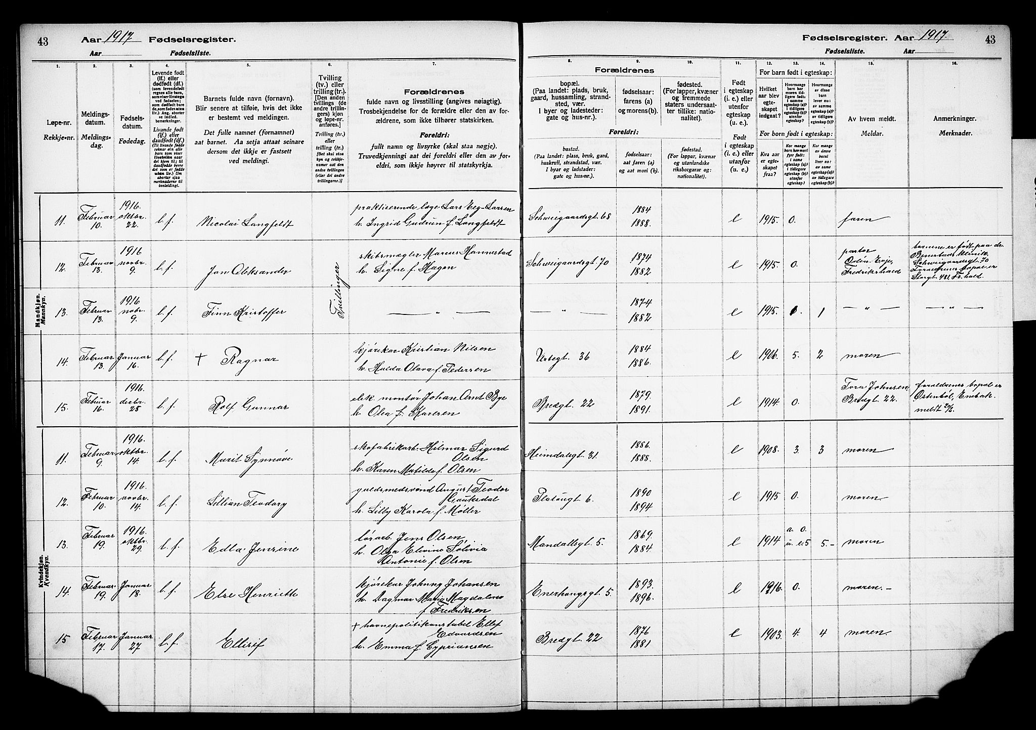 Grønland prestekontor Kirkebøker, AV/SAO-A-10848/J/Ja/L0001: Fødselsregister nr. 1, 1916-1922, s. 43