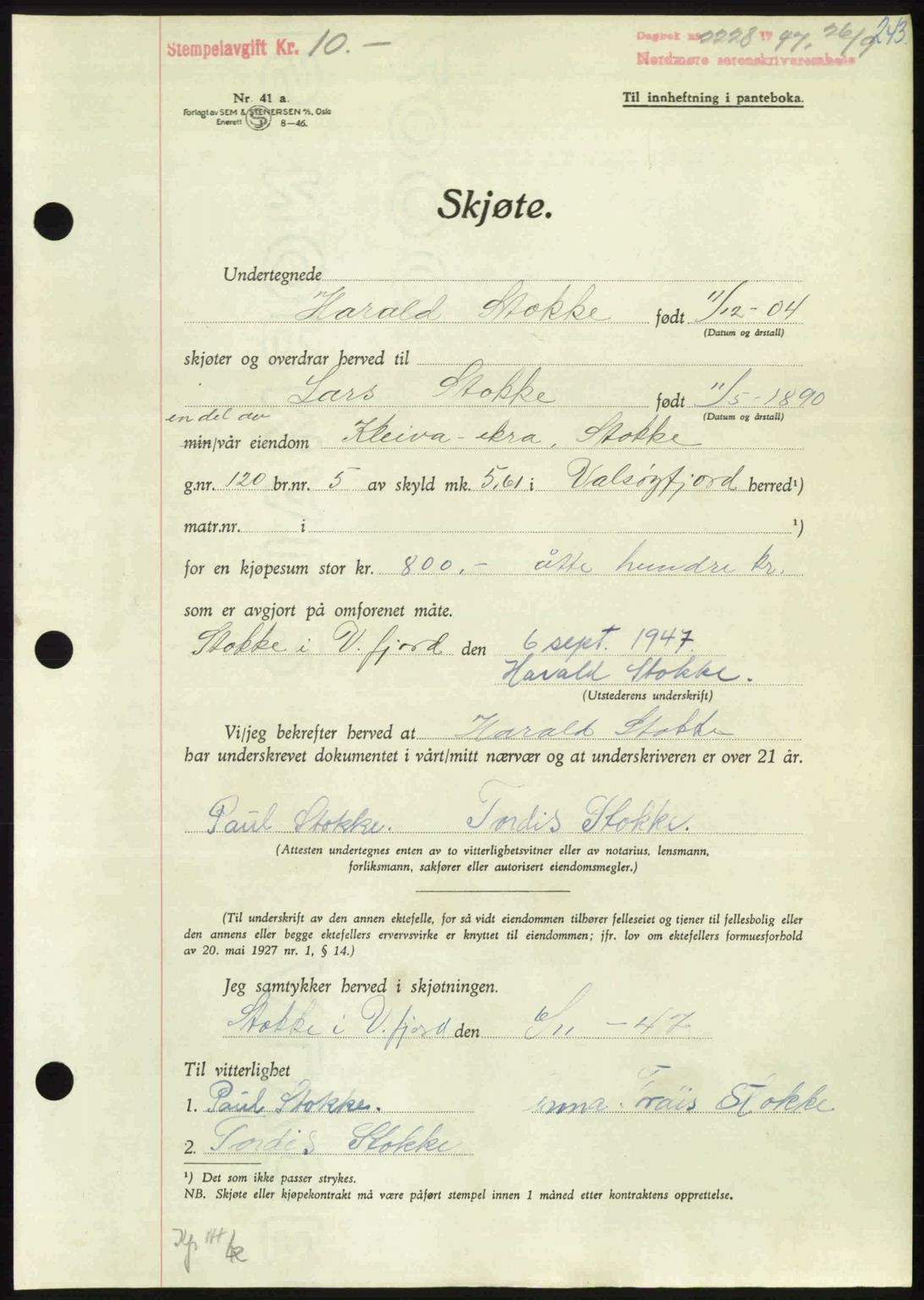 Nordmøre sorenskriveri, AV/SAT-A-4132/1/2/2Ca: Pantebok nr. A106, 1947-1947, Dagboknr: 2228/1947