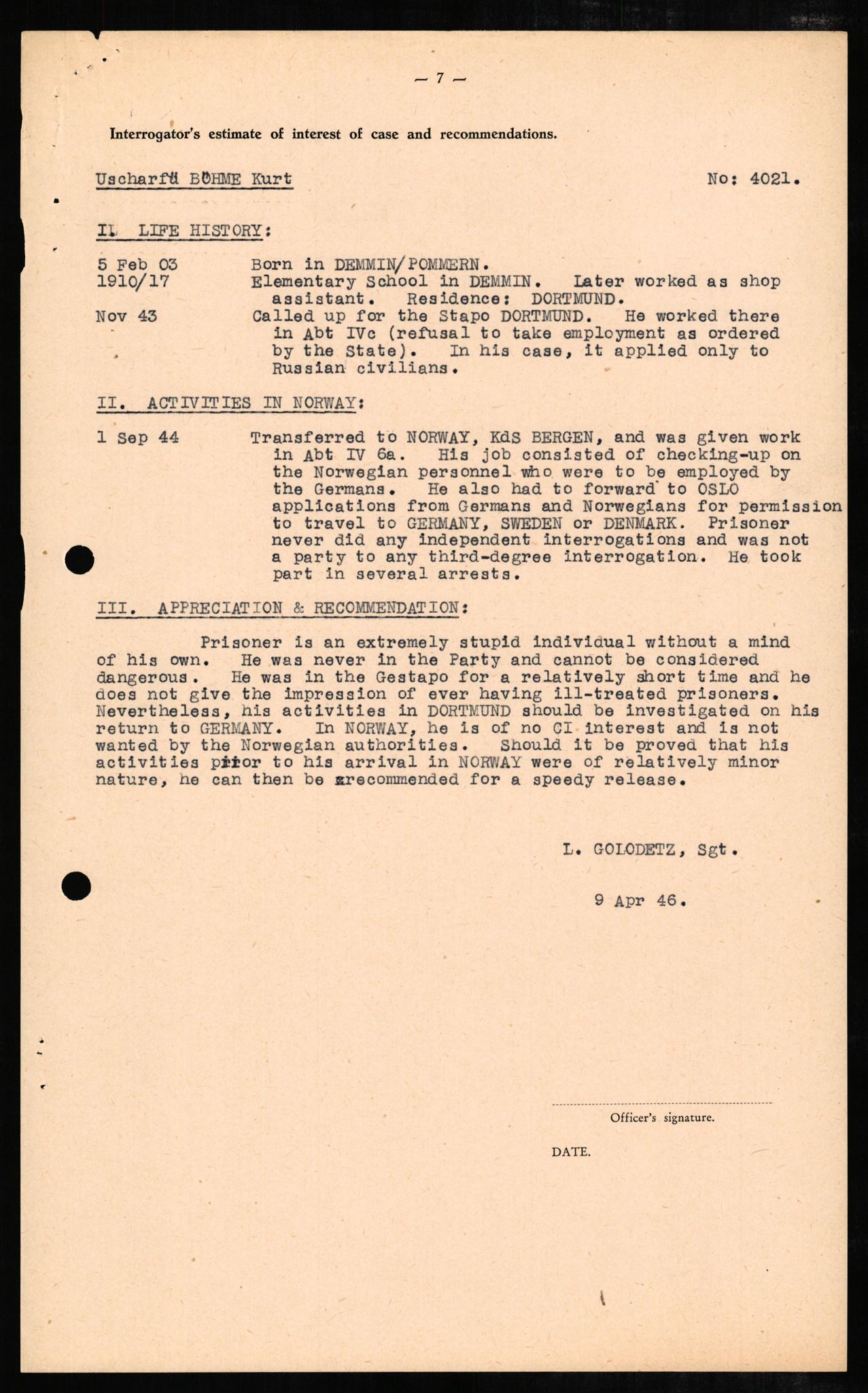 Forsvaret, Forsvarets overkommando II, AV/RA-RAFA-3915/D/Db/L0005: CI Questionaires. Tyske okkupasjonsstyrker i Norge. Tyskere., 1945-1946, s. 119