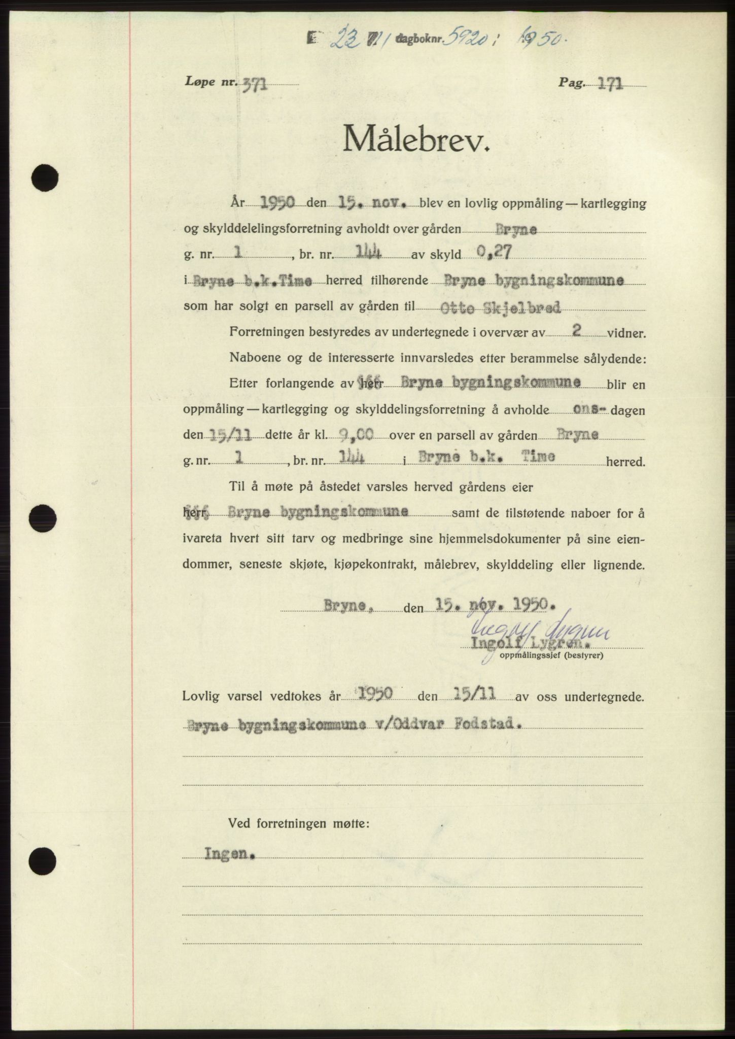 Jæren sorenskriveri, SAST/A-100310/03/G/Gba/L0110: Pantebok, 1950-1950, Dagboknr: 5920/1950