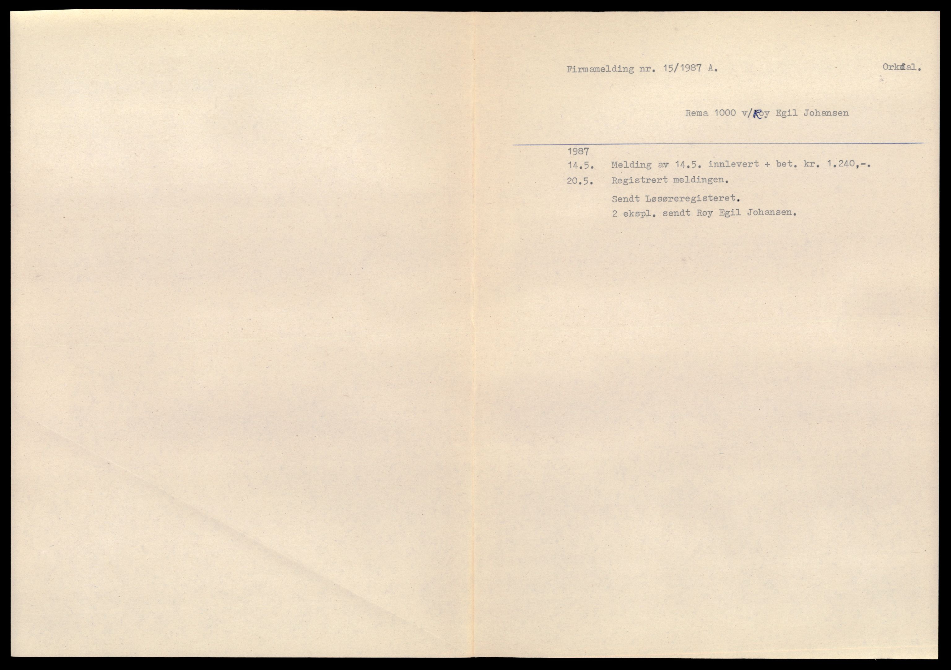 Orkdal sorenskriveri, SAT/A-4169/2/J/Jd/Jdc/L0003: Enkeltmannsforetak, R - Å, 1916-1987, s. 1