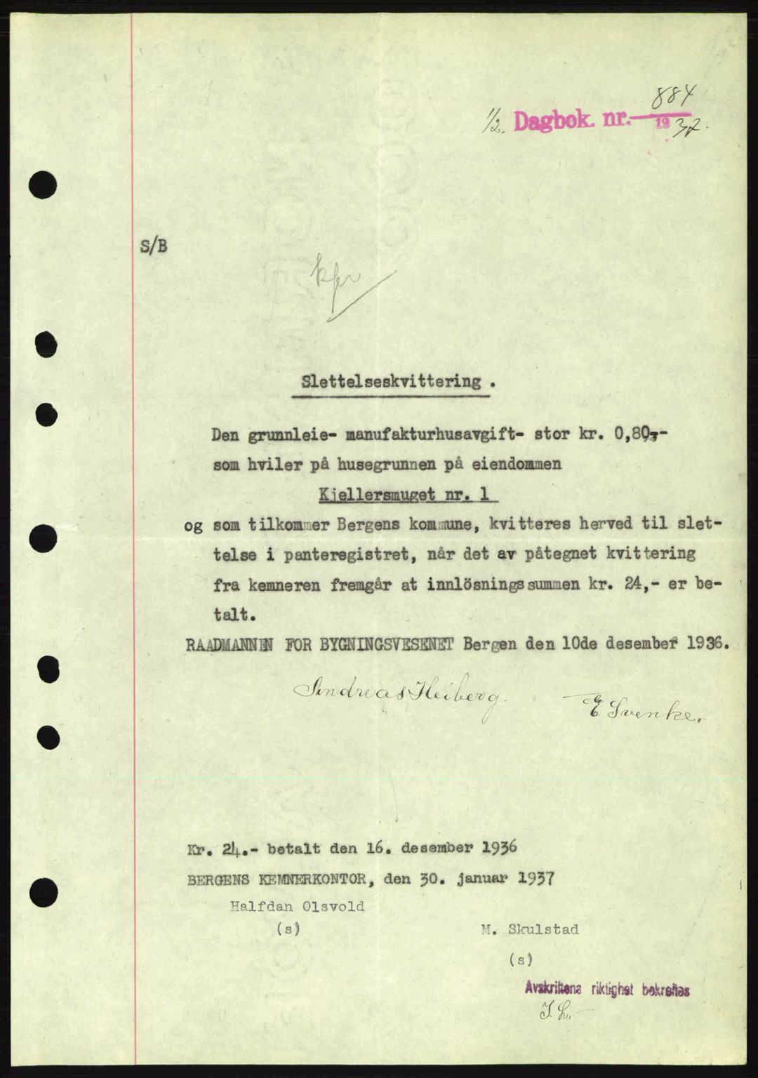 Byfogd og Byskriver i Bergen, SAB/A-3401/03/03Bc/L0004: Pantebok nr. A3-4, 1936-1937, Dagboknr: 884/1937