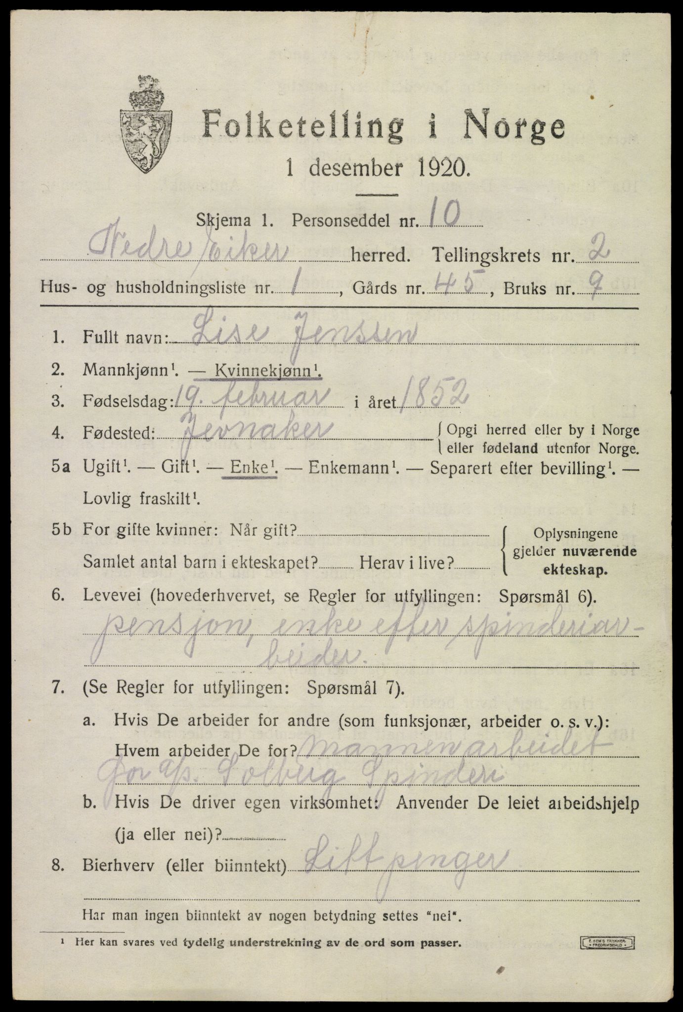 SAKO, Folketelling 1920 for 0625 Nedre Eiker herred, 1920, s. 3325