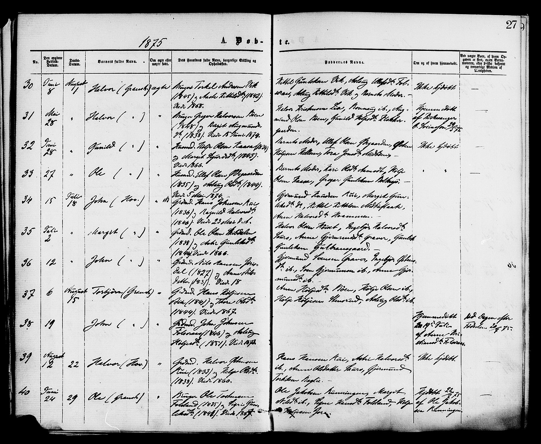 Gransherad kirkebøker, AV/SAKO-A-267/F/Fa/L0004: Ministerialbok nr. I 4, 1871-1886, s. 27
