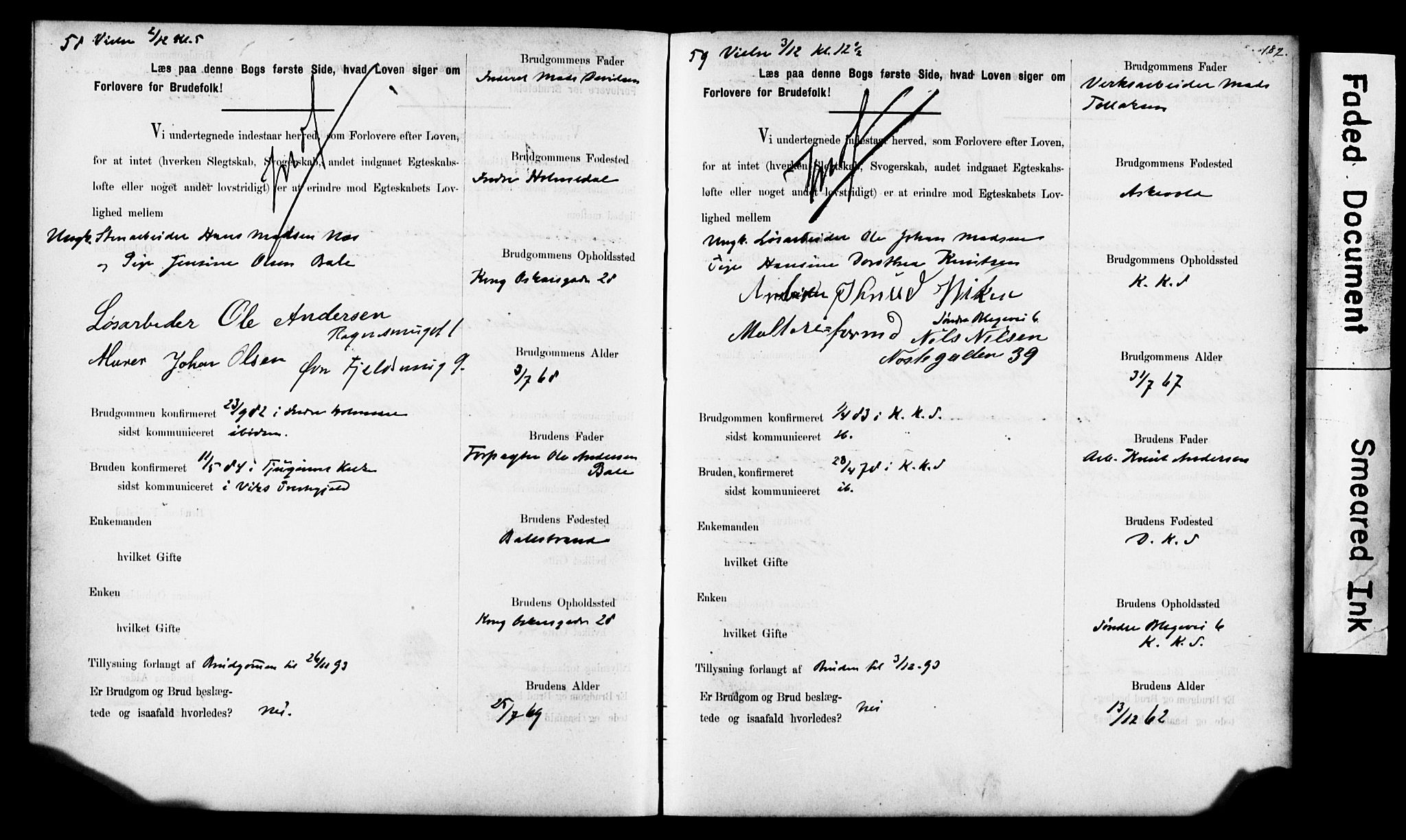 Korskirken sokneprestembete, SAB/A-76101: Forlovererklæringer nr. II.5.6, 1889-1898, s. 182