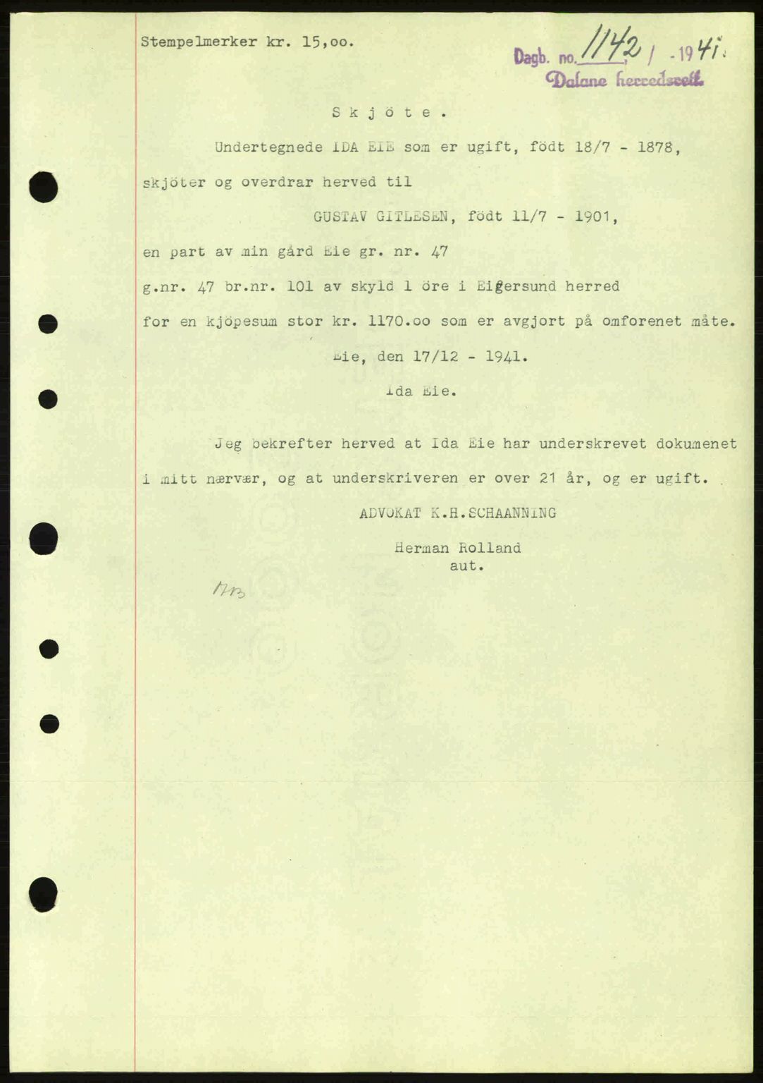 Dalane sorenskriveri, SAST/A-100309/02/G/Gb/L0045: Pantebok nr. A6, 1941-1942, Dagboknr: 1142/1941
