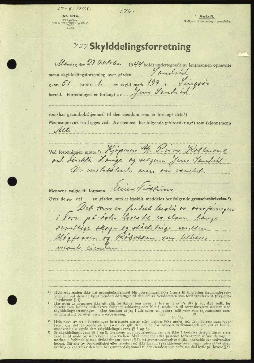 Gauldal sorenskriveri, SAT/A-0014/1/2/2C: Pantebok nr. A1a, 1945-1945, Dagboknr: 727/1945