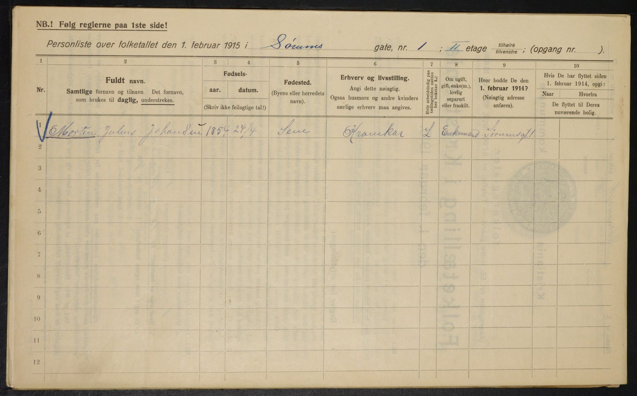 OBA, Kommunal folketelling 1.2.1915 for Kristiania, 1915, s. 107173