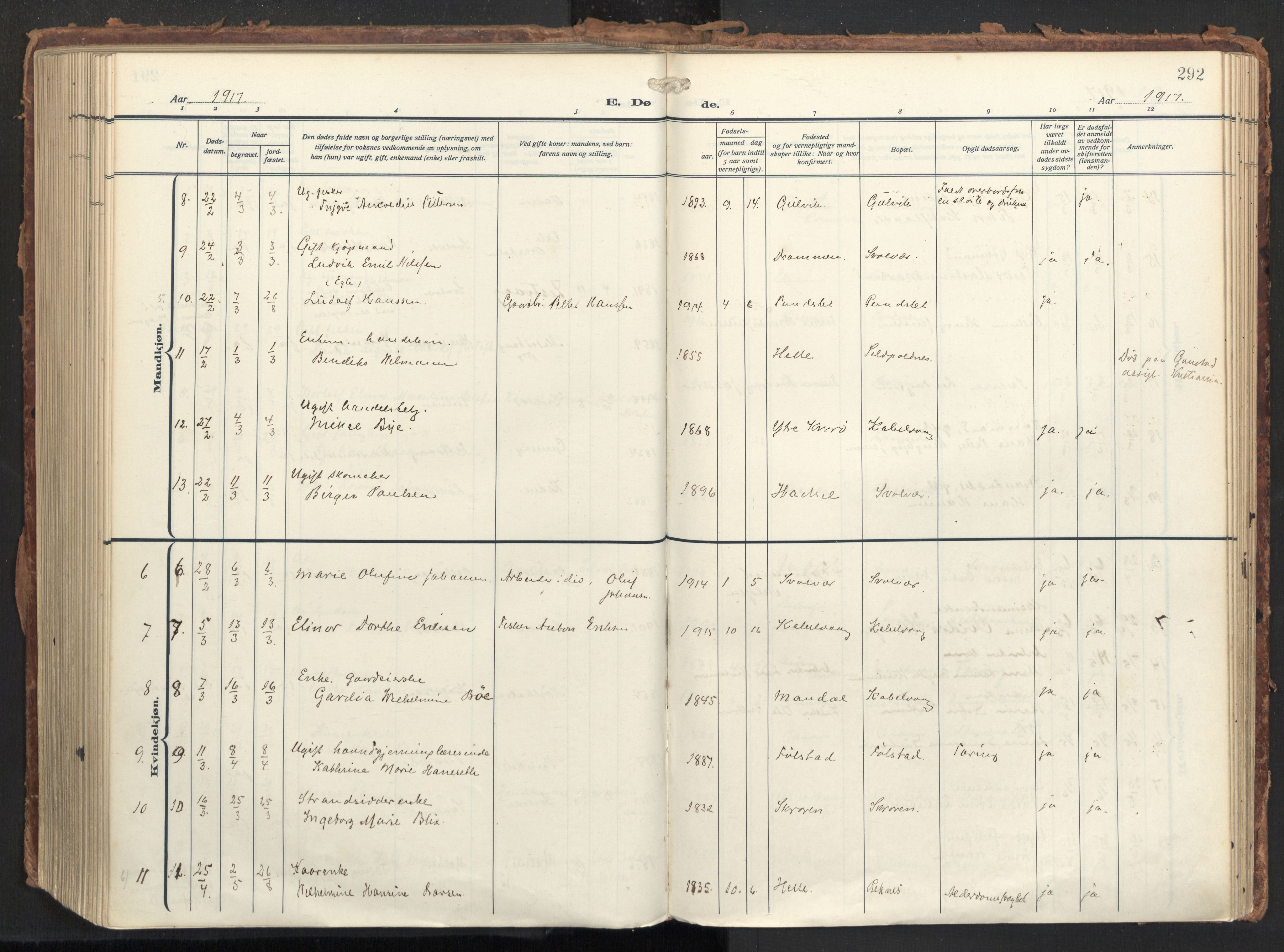 Ministerialprotokoller, klokkerbøker og fødselsregistre - Nordland, AV/SAT-A-1459/874/L1064: Ministerialbok nr. 874A08, 1915-1926, s. 292