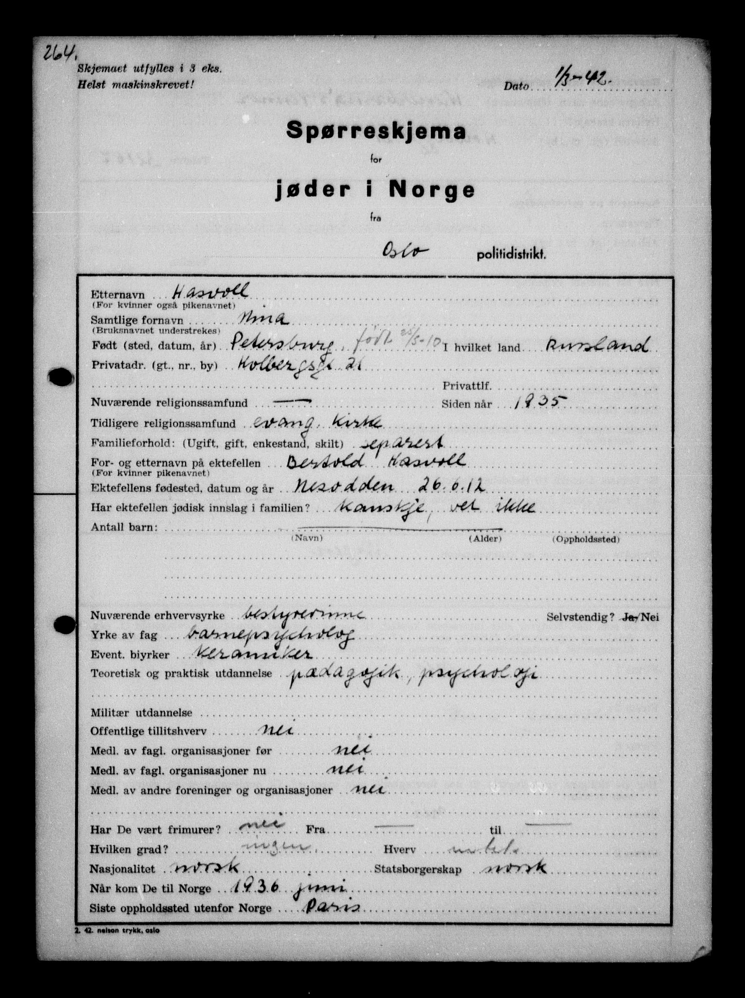 Statspolitiet - Hovedkontoret / Osloavdelingen, AV/RA-S-1329/G/Ga/L0010: Spørreskjema for jøder i Norge, Oslo Hansen-Pintzow, 1942, s. 6