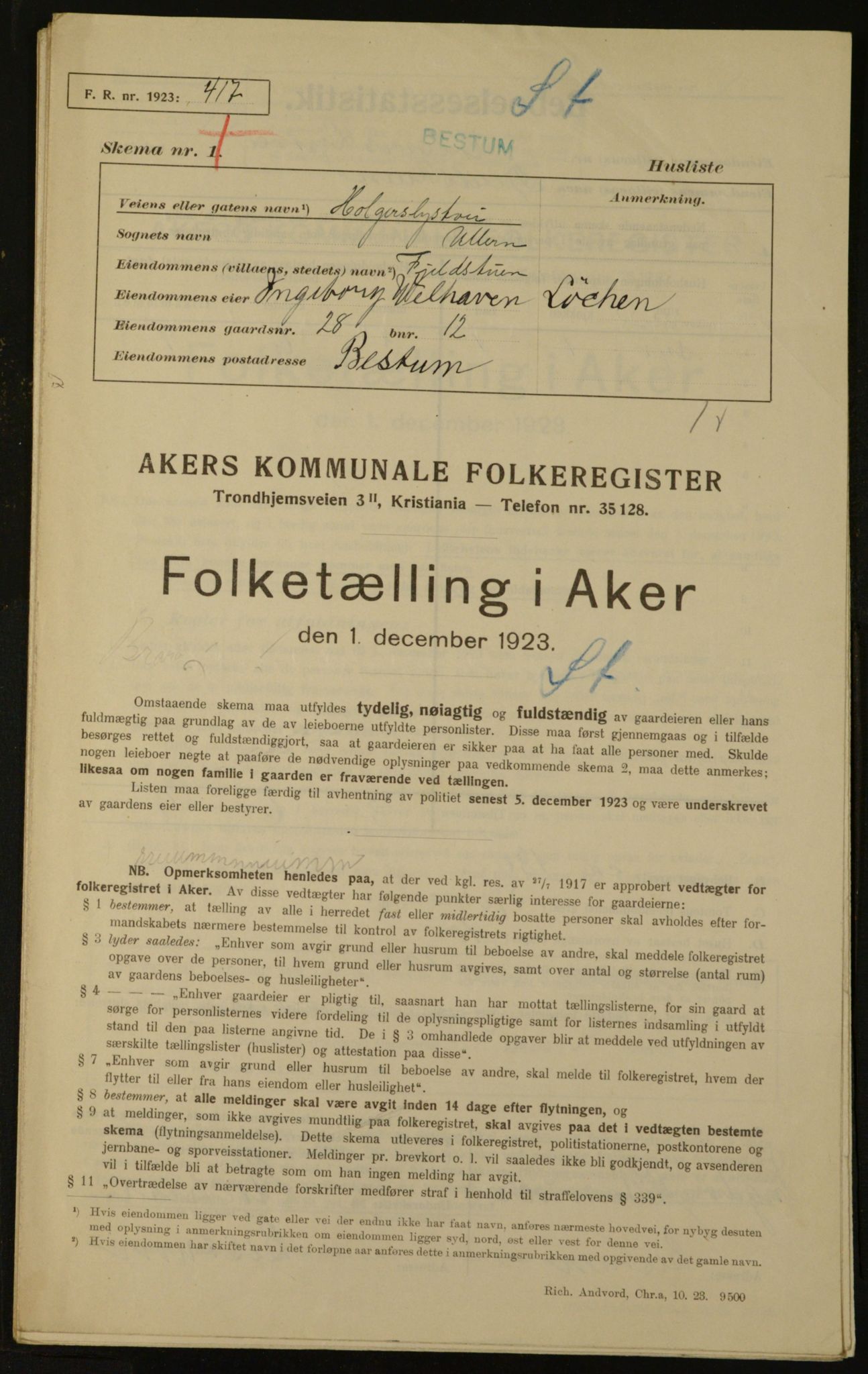 , Kommunal folketelling 1.12.1923 for Aker, 1923, s. 2592