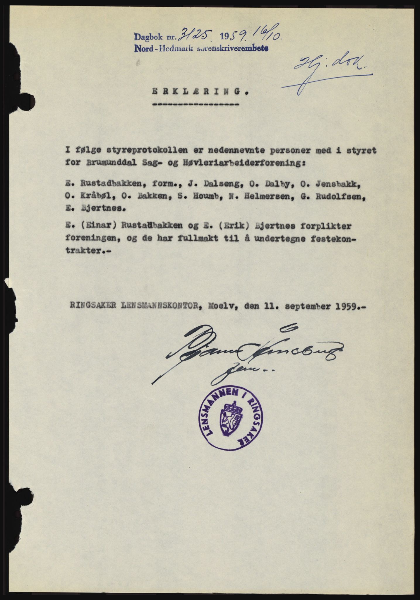 Nord-Hedmark sorenskriveri, SAH/TING-012/H/Hc/L0013: Pantebok nr. 13, 1959-1960, Dagboknr: 3125/1959