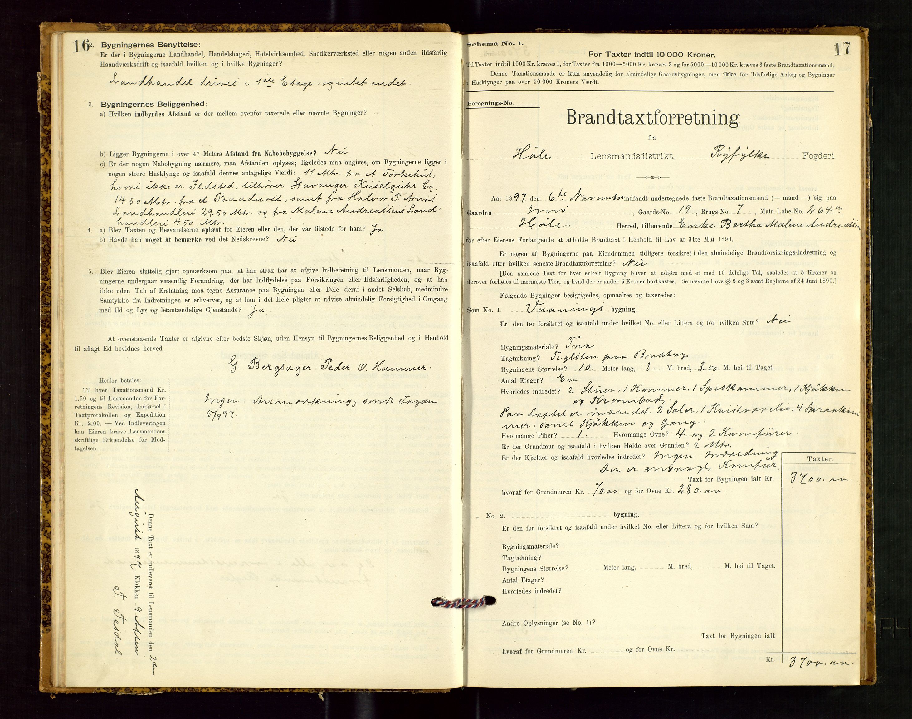 Høle og Forsand lensmannskontor, SAST/A-100127/Gob/L0001: "Brandtaxtprotokol" - skjematakst, 1897-1940, s. 16-17
