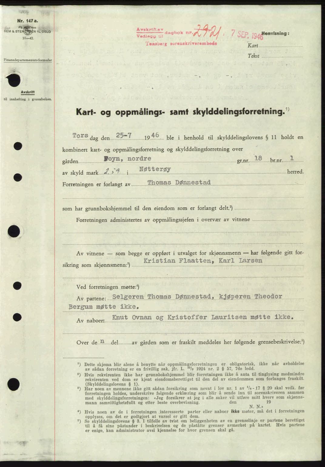 Tønsberg sorenskriveri, SAKO/A-130/G/Ga/Gaa/L0019: Pantebok nr. A19, 1946-1946, Dagboknr: 2921/1946