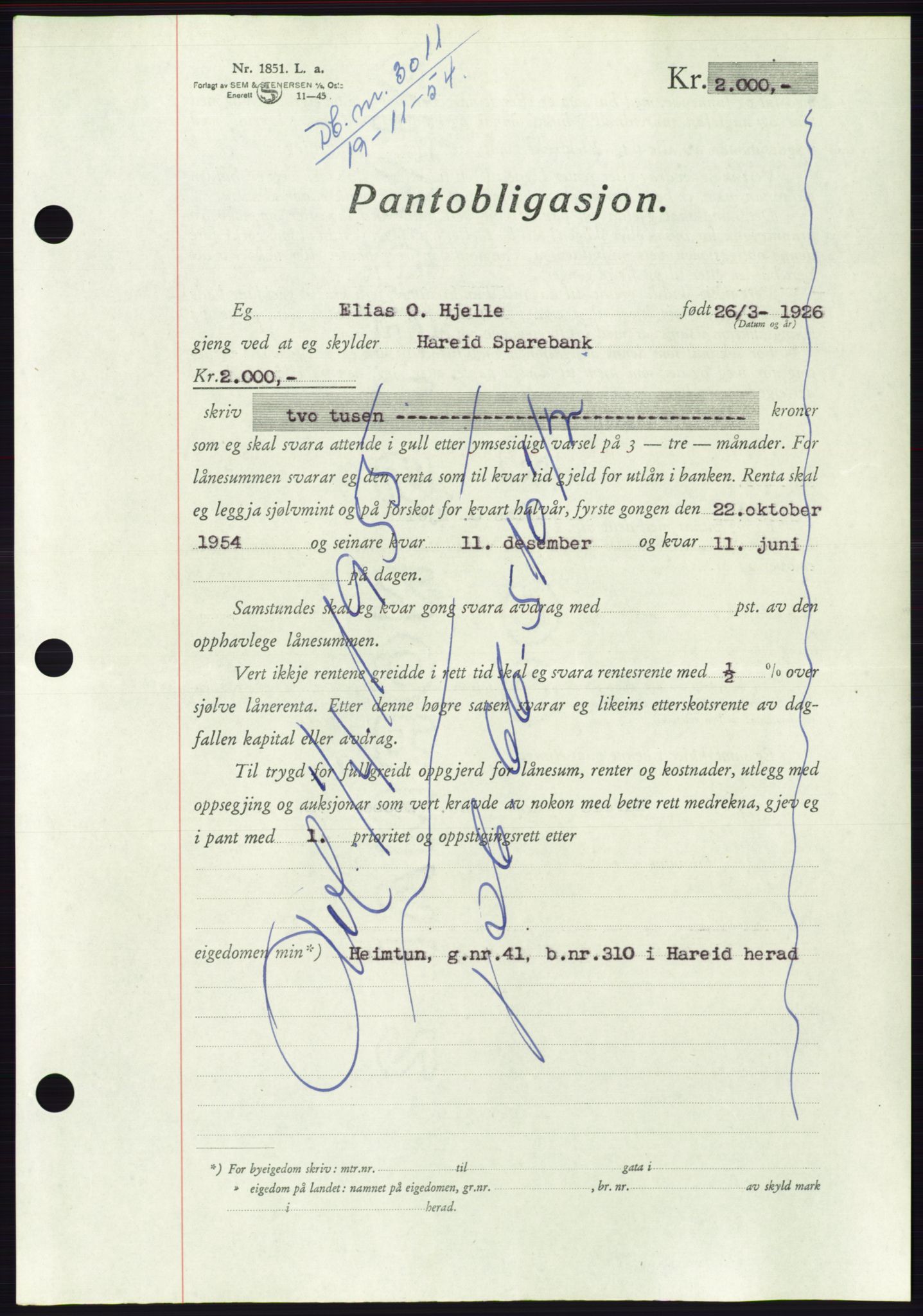 Søre Sunnmøre sorenskriveri, AV/SAT-A-4122/1/2/2C/L0126: Pantebok nr. 14B, 1954-1955, Dagboknr: 3011/1954