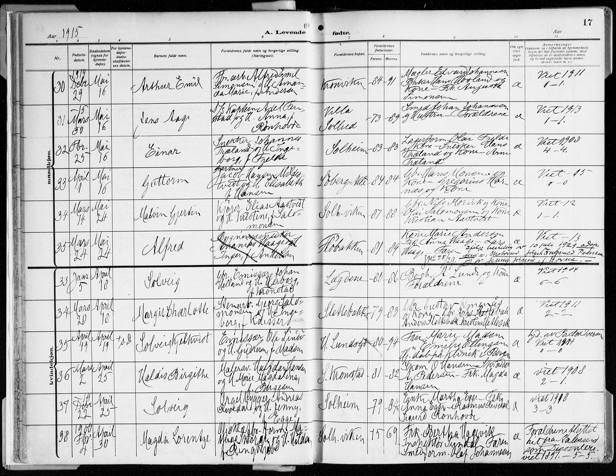 Årstad Sokneprestembete, AV/SAB-A-79301/H/Haa/L0003: Ministerialbok nr. A 3, 1914-1919, s. 17