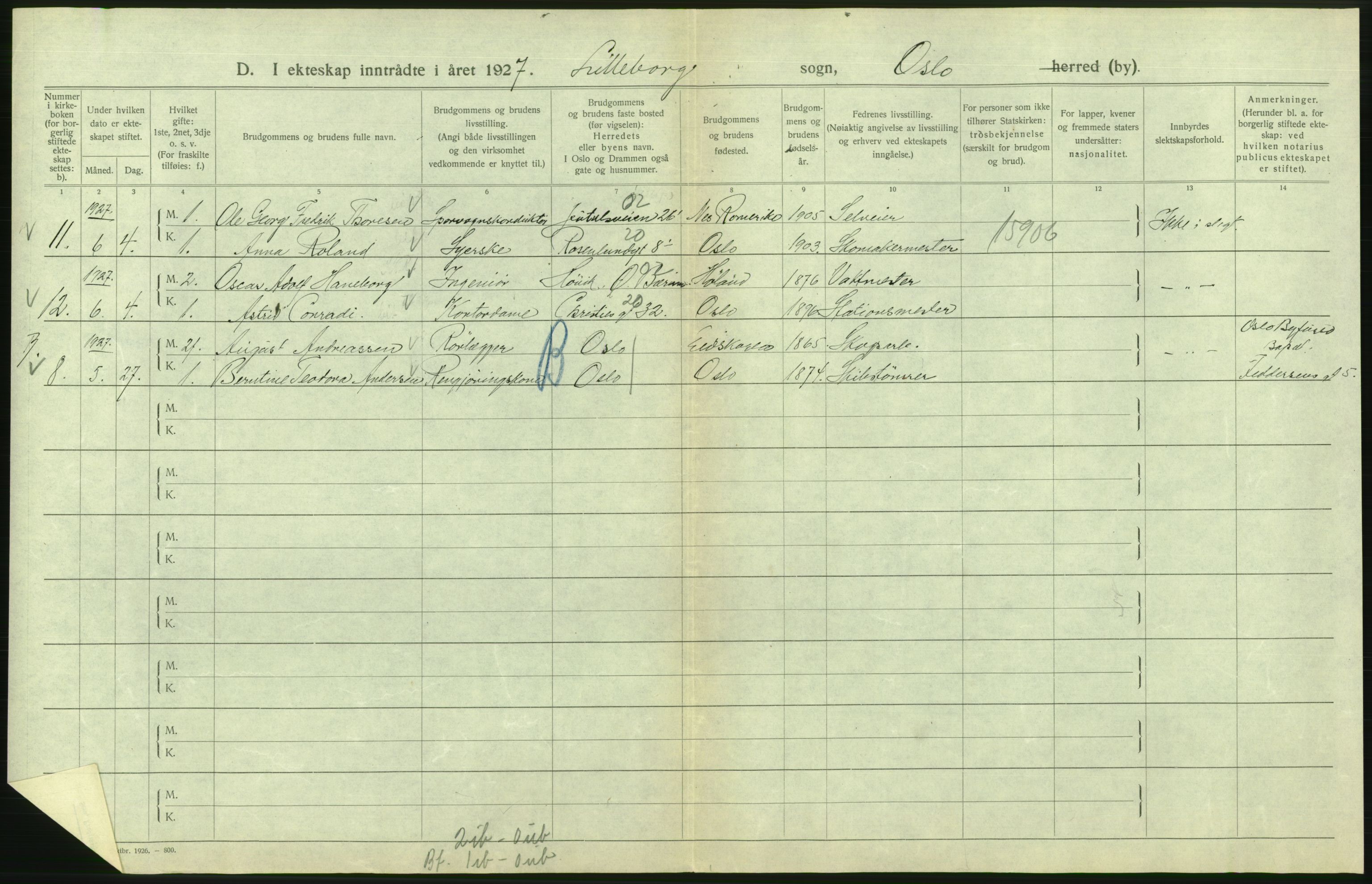 Statistisk sentralbyrå, Sosiodemografiske emner, Befolkning, AV/RA-S-2228/D/Df/Dfc/Dfcg/L0008: Oslo: Gifte, 1927, s. 812