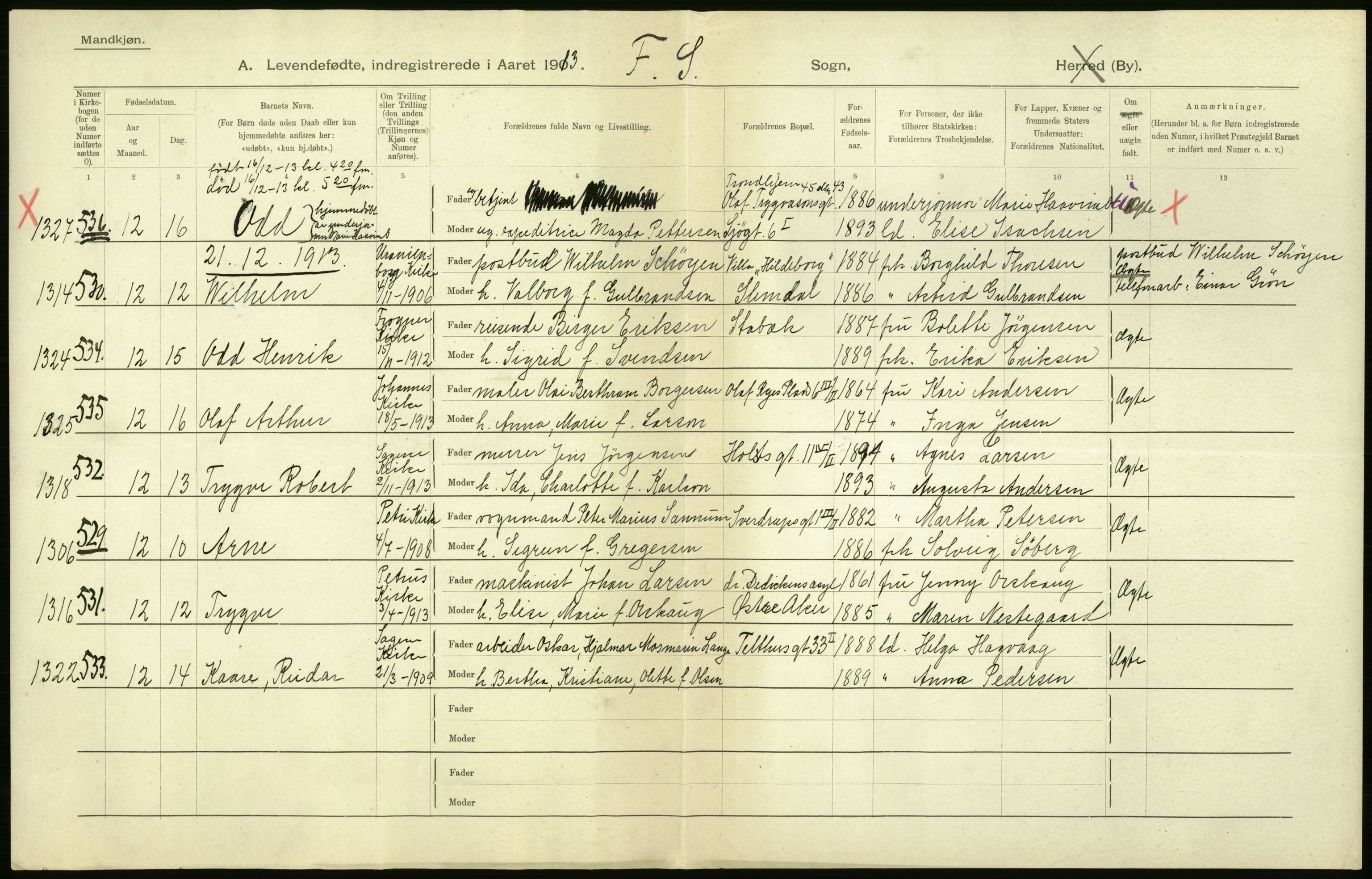 Statistisk sentralbyrå, Sosiodemografiske emner, Befolkning, AV/RA-S-2228/D/Df/Dfb/Dfbc/L0007: Kristiania: Levendefødte menn og kvinner., 1913, s. 8