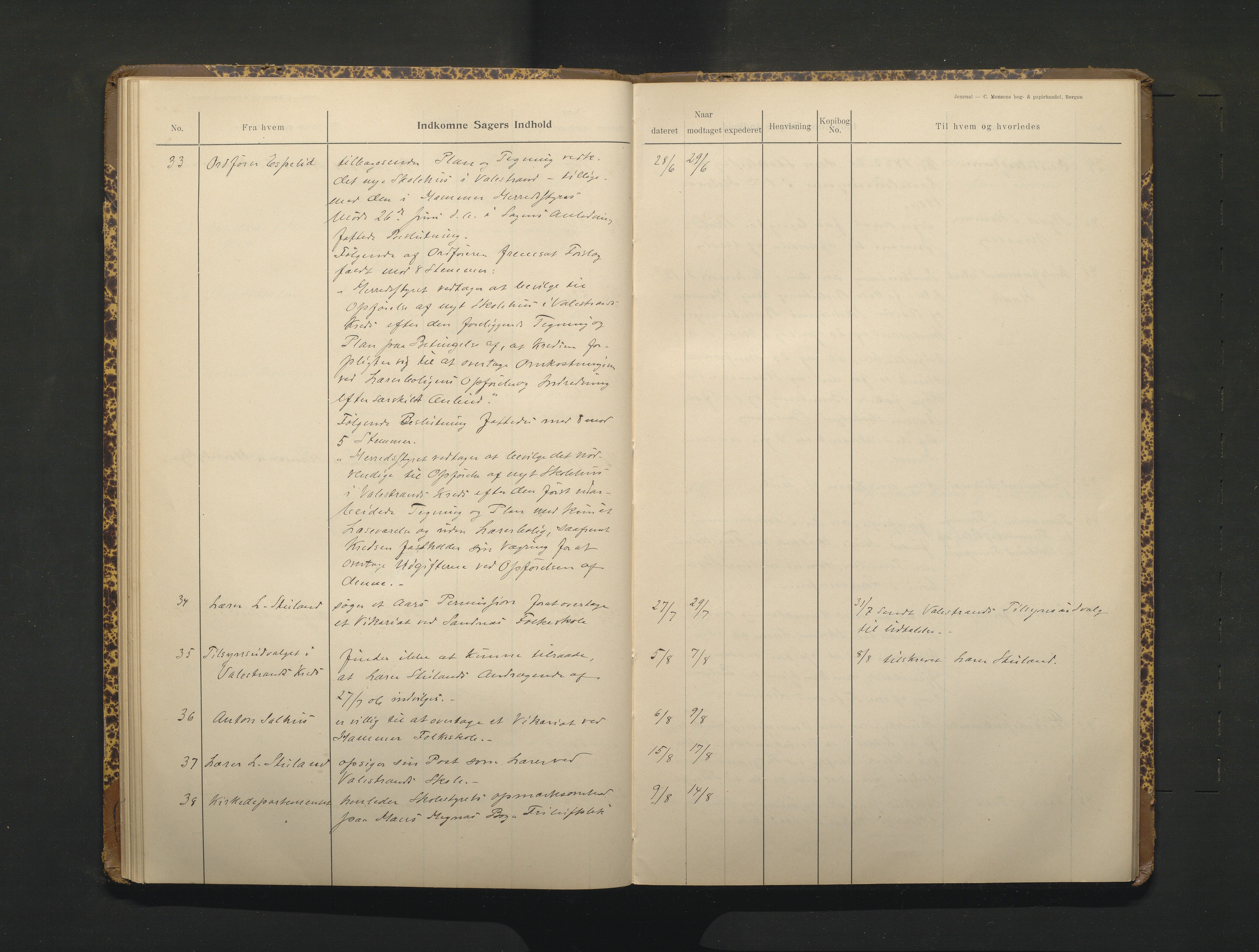 Hamre kommune. Skulestyret, IKAH/1254-211/C/Ca/L0003: Postjournal for Hamre skulestyre, 1901-1916