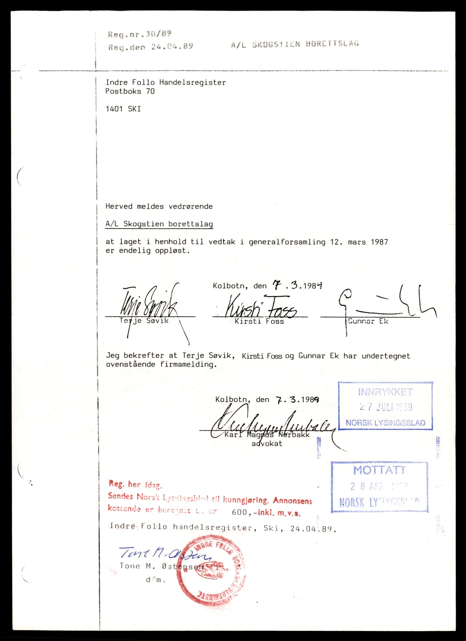 Indre Follo tingrett, AV/SAT-A-10086/K/Kb/Kbb/L0053: Andelslag, Skogs - Sør, 1944-1990, s. 1