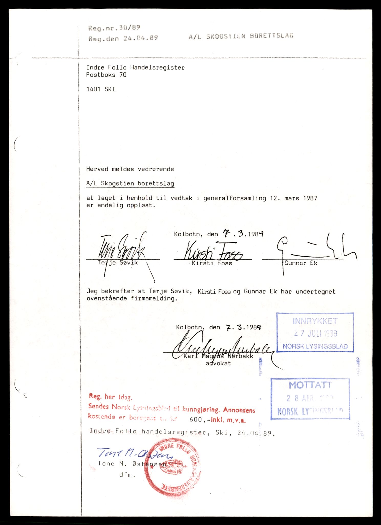 Indre Follo tingrett, SAT/A-10086/K/Kb/Kbb/L0053: Andelslag, Skogs - Sør, 1944-1990, s. 1