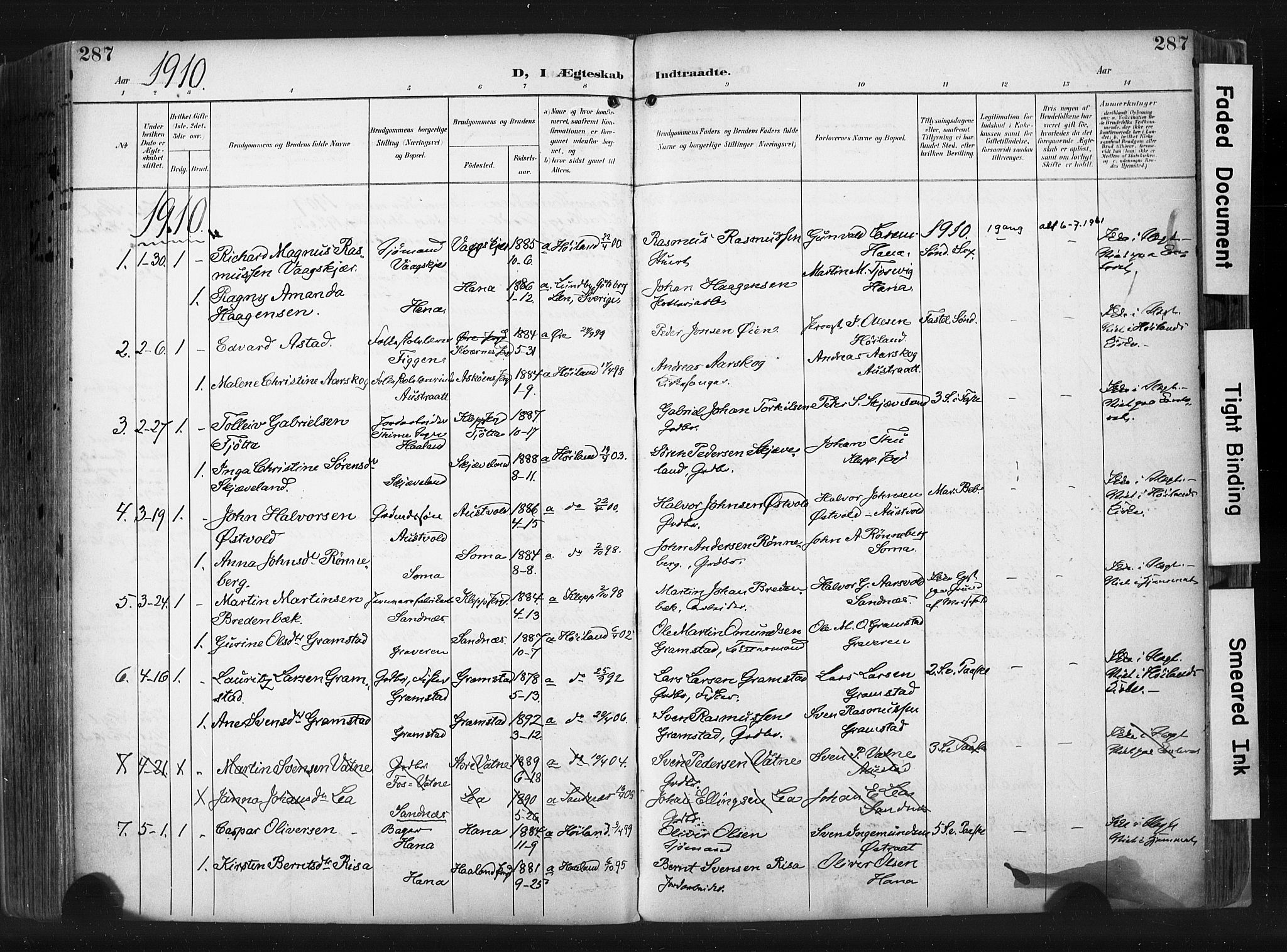 Høyland sokneprestkontor, AV/SAST-A-101799/001/30BA/L0015: Ministerialbok nr. A 14, 1899-1911, s. 287