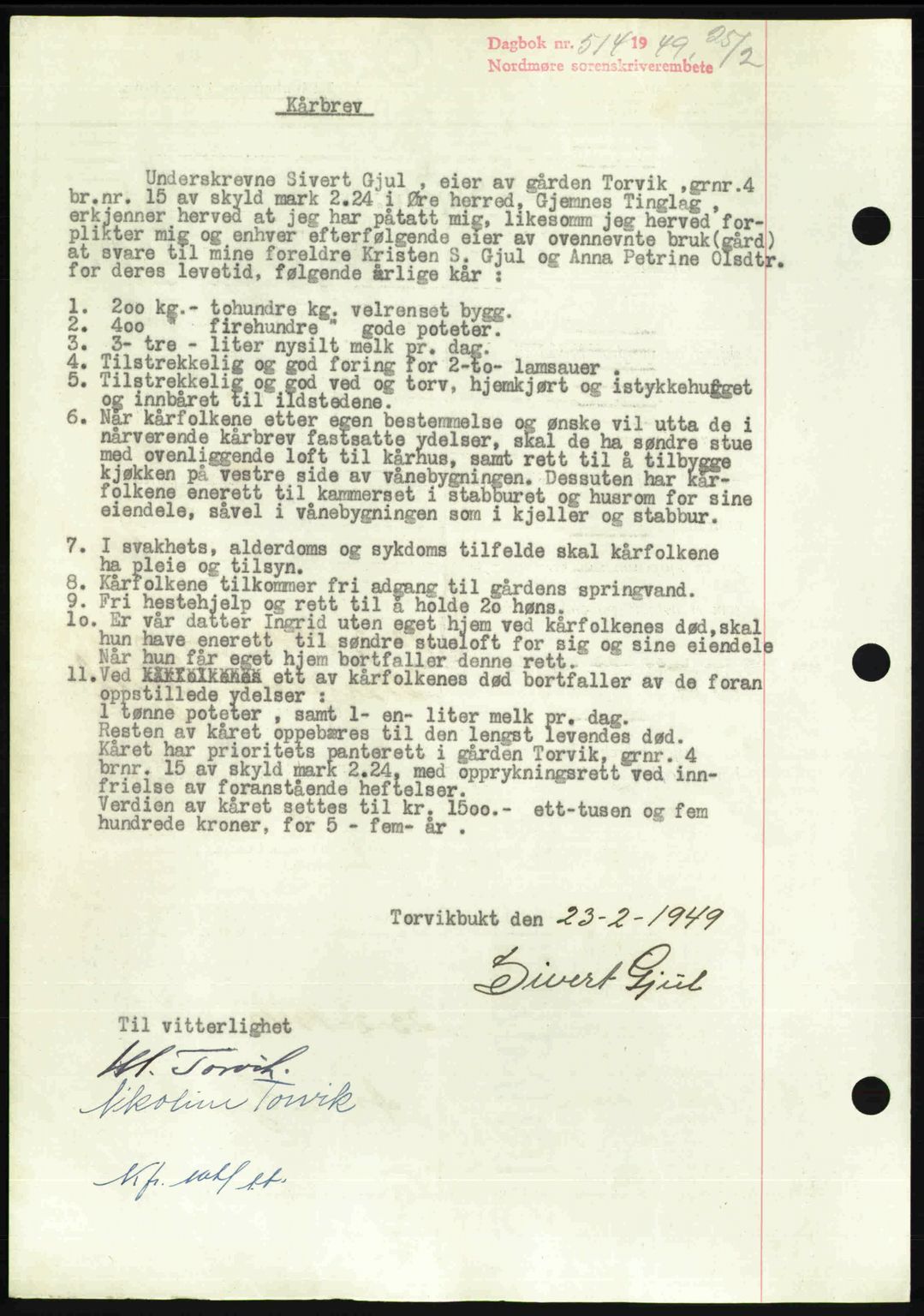 Nordmøre sorenskriveri, SAT/A-4132/1/2/2Ca: Pantebok nr. A110, 1948-1949, Dagboknr: 514/1949