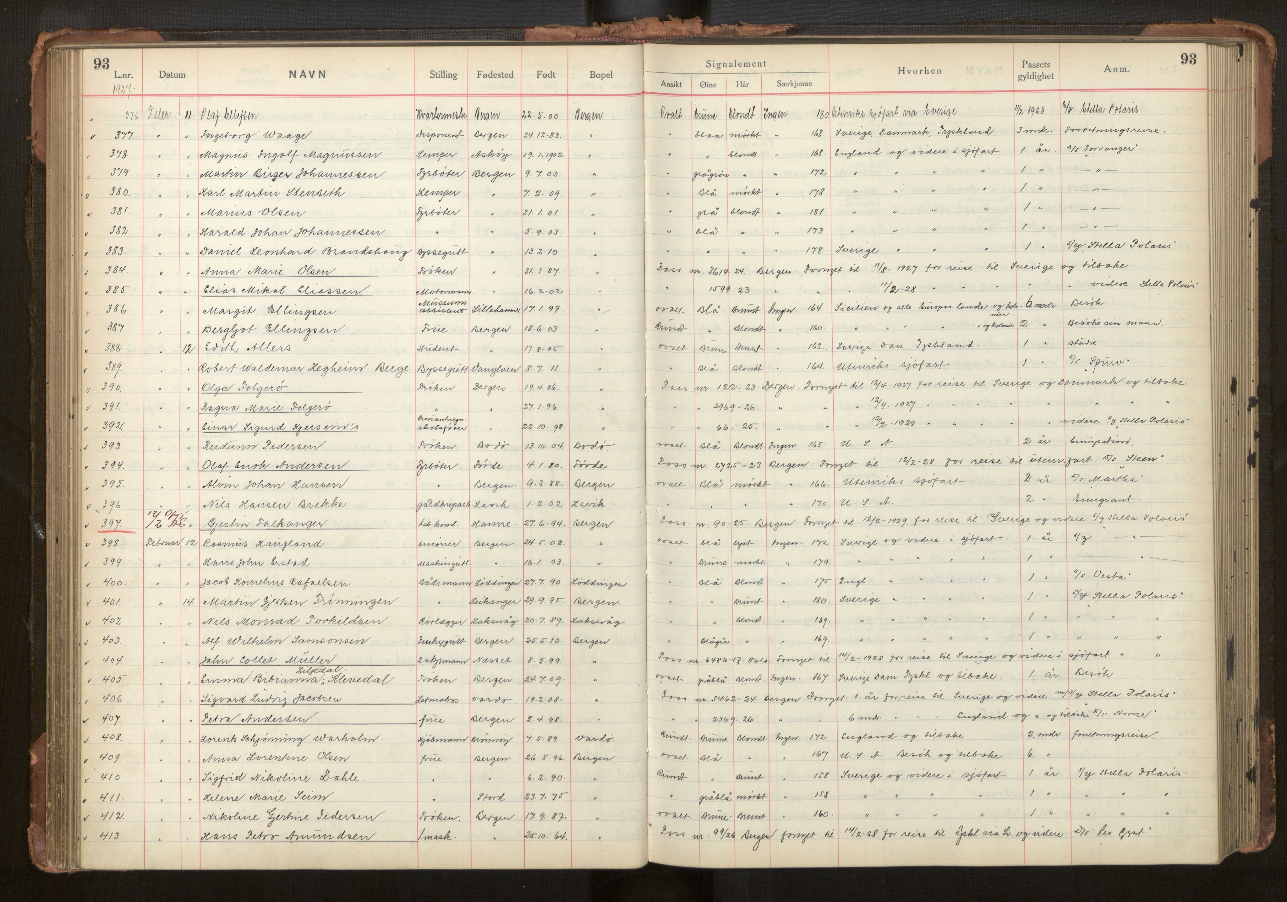 Bergen politikammer / politidistrikt, AV/SAB-A-60401/L/La/Lab/L0011: Passprotokoll, 1926-1928