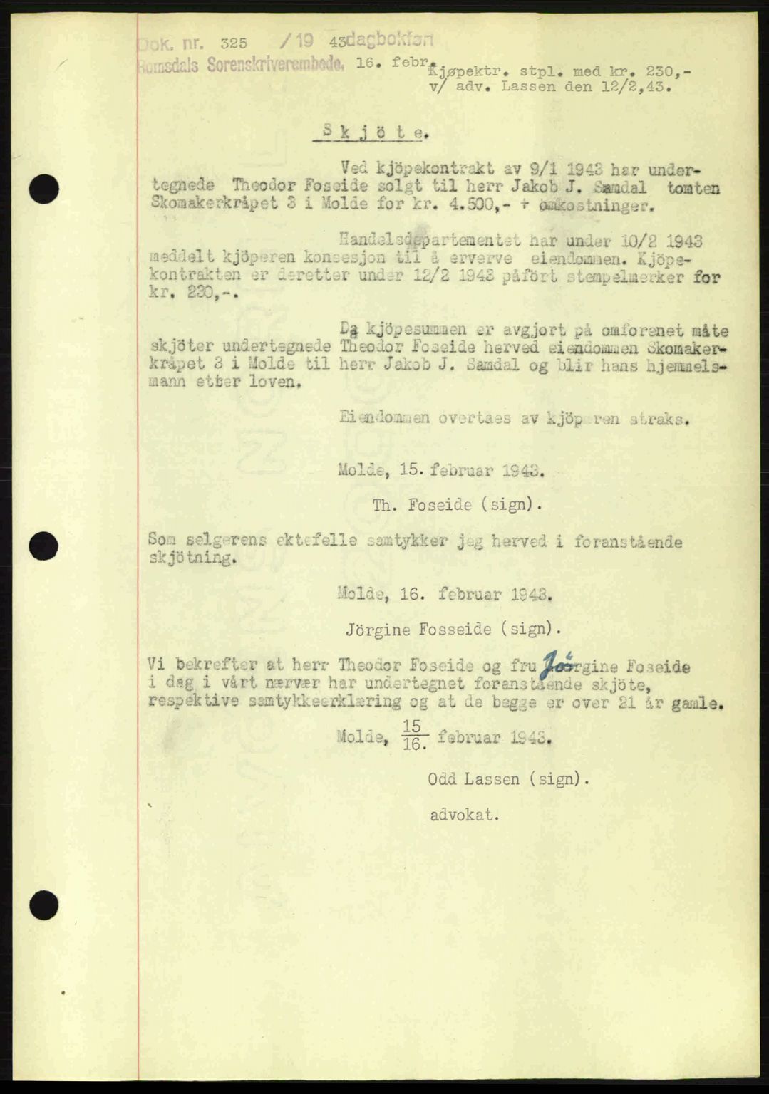 Romsdal sorenskriveri, SAT/A-4149/1/2/2C: Pantebok nr. A13, 1942-1943, Dagboknr: 325/1943