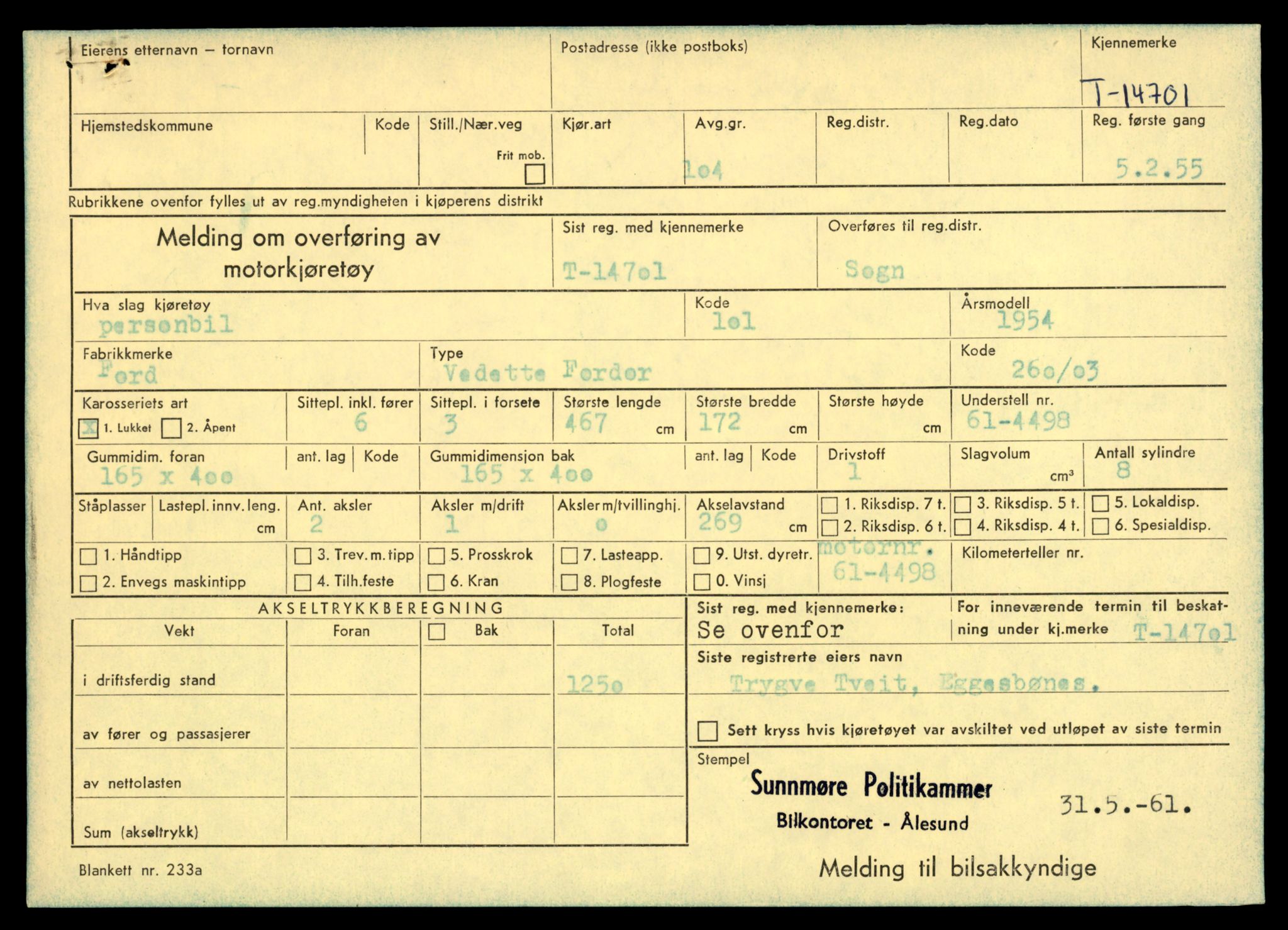 Møre og Romsdal vegkontor - Ålesund trafikkstasjon, AV/SAT-A-4099/F/Fe/L0047: Registreringskort for kjøretøy T 14580 - T 14720, 1927-1998, s. 2851