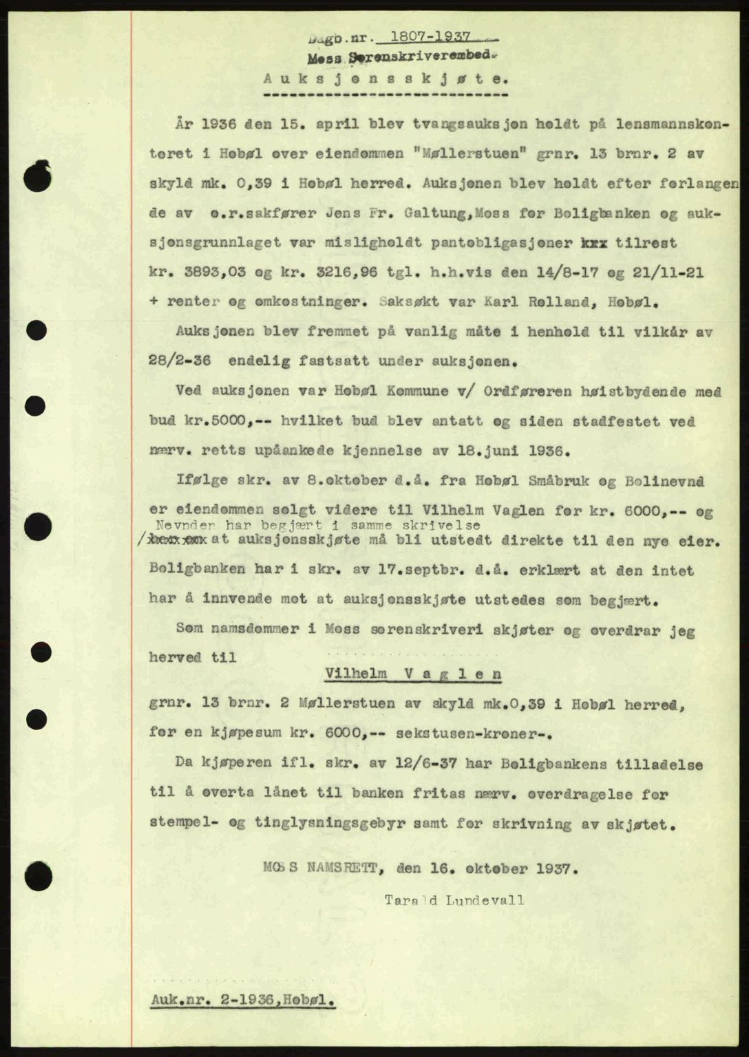 Moss sorenskriveri, SAO/A-10168: Pantebok nr. A3, 1937-1938, Dagboknr: 1807/1937