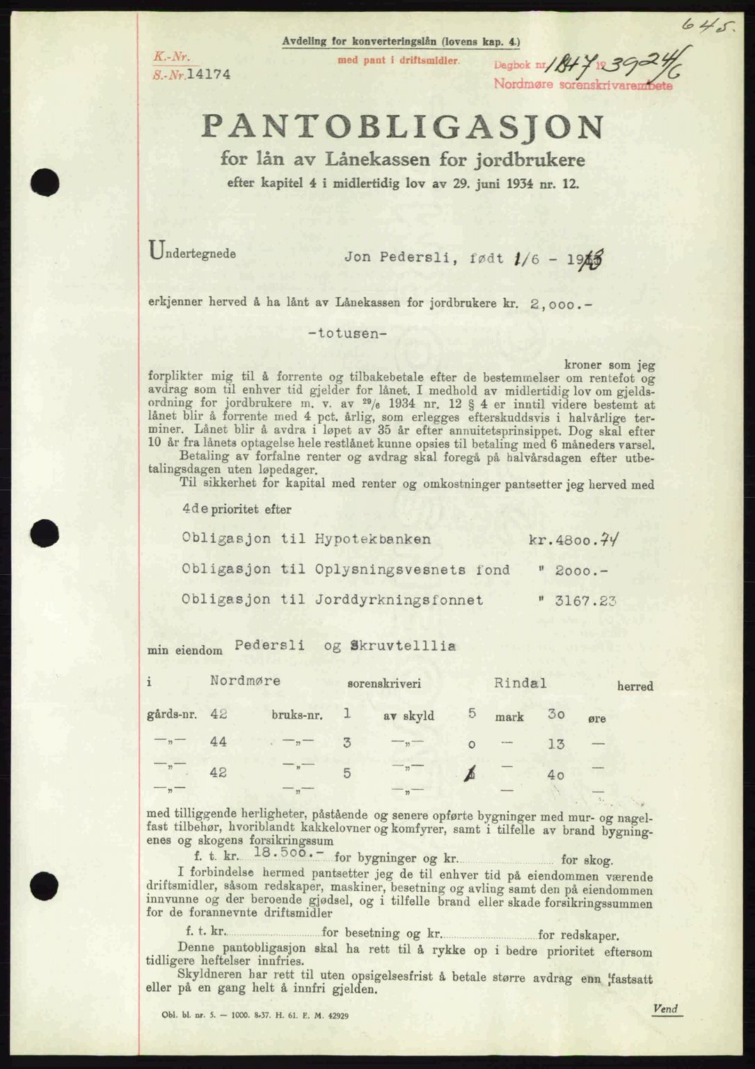 Nordmøre sorenskriveri, AV/SAT-A-4132/1/2/2Ca: Pantebok nr. B85, 1939-1939, Dagboknr: 1847/1939