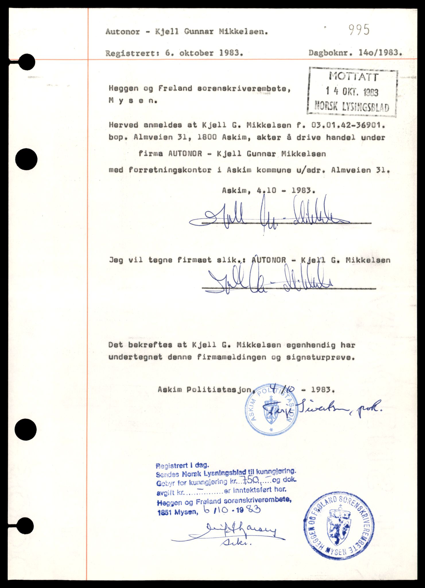 Heggen og Frøland tingrett, AV/SAT-A-10208/K/Kb/Kba/L0020: Enkeltmannsforetak, aksjeselskap og andelslag, 199/1983-79/1984, 1983-1984